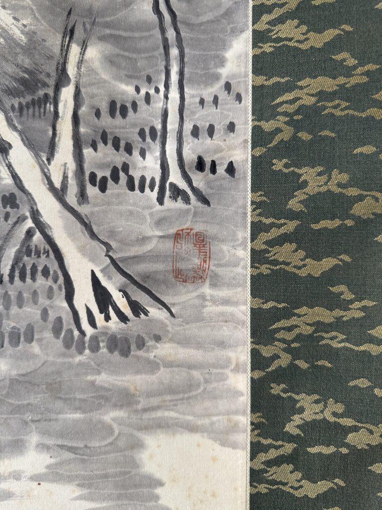 Antique Japanese Sumi-e Landscape Scroll, Mountain Hermit Sansuiga, Cursive Poem, Blue and White Porcelain Roller Ends, Genuine Foxing
