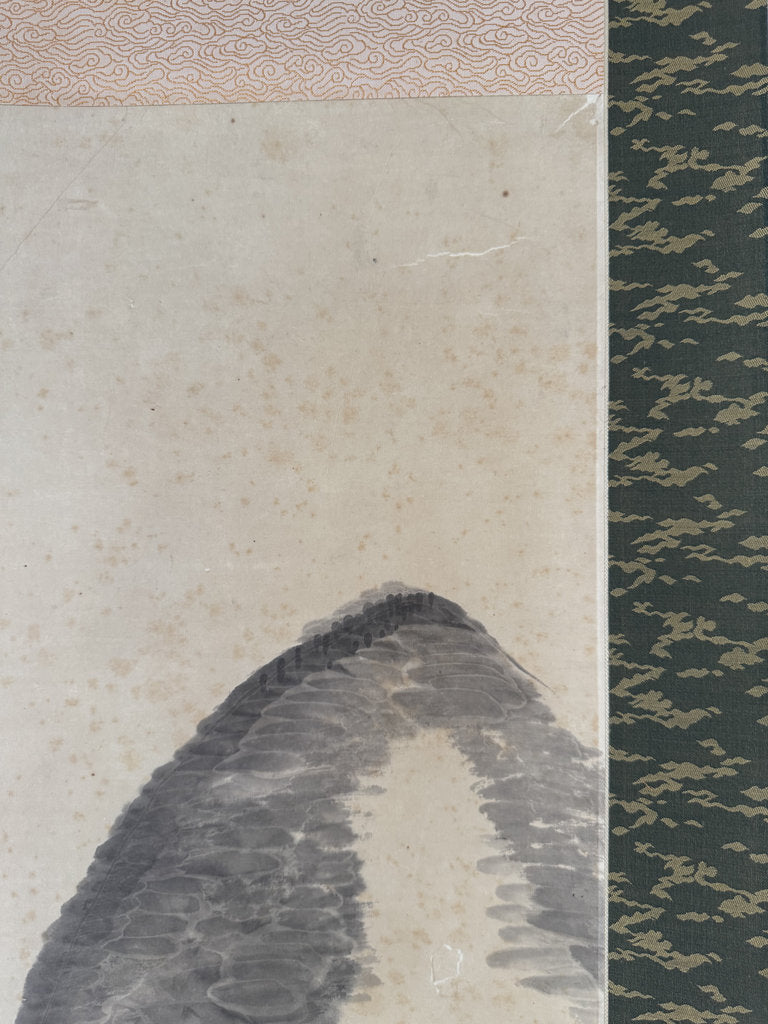 Antique Japanese Sumi-e Landscape Scroll, Mountain Hermit Sansuiga, Cursive Poem, Blue and White Porcelain Roller Ends, Genuine Foxing