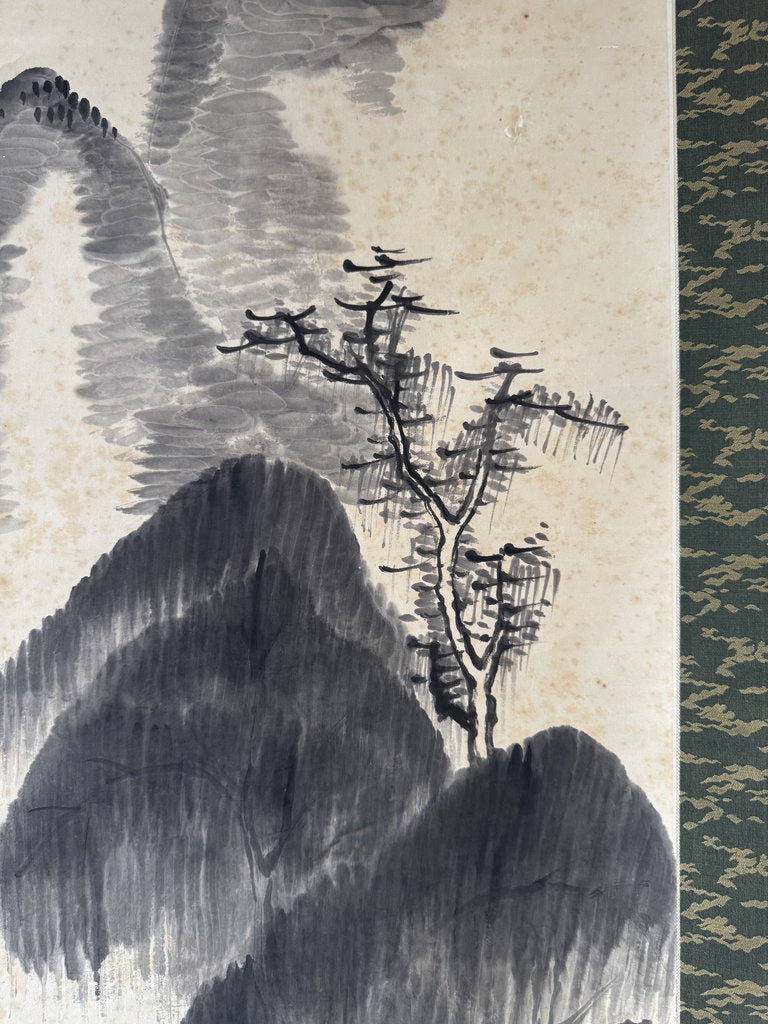 Antique Japanese Sumi-e Landscape Scroll, Mountain Hermit Sansuiga, Cursive Poem, Blue and White Porcelain Roller Ends, Genuine Foxing
