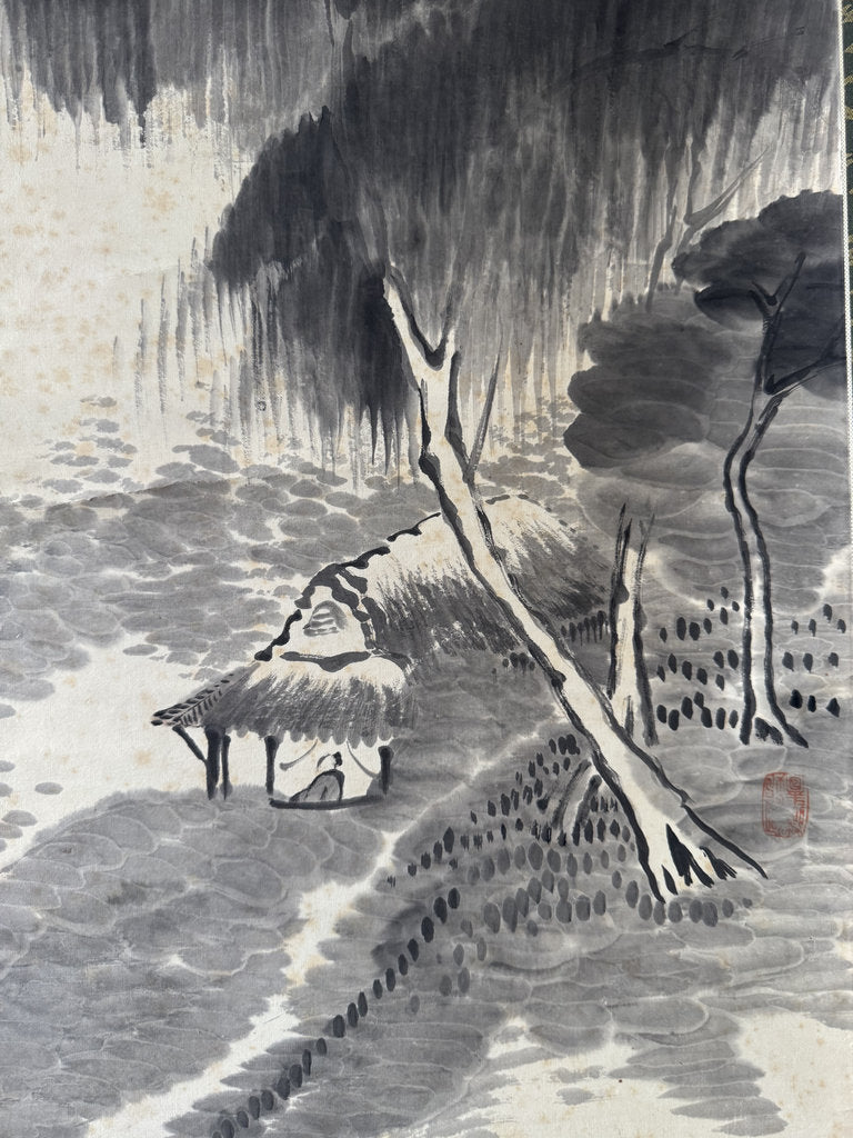 Antique Japanese Sumi-e Landscape Scroll, Mountain Hermit Sansuiga, Cursive Poem, Blue and White Porcelain Roller Ends, Genuine Foxing