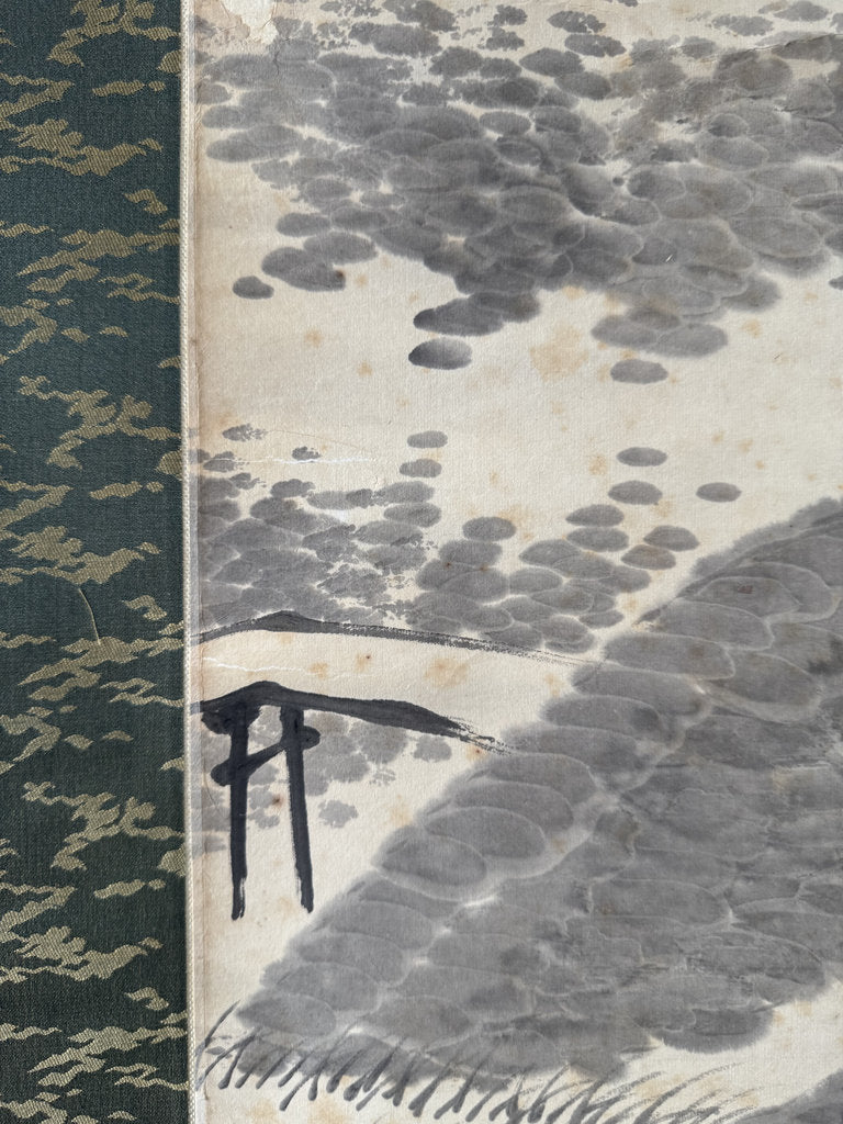 Antique Japanese Sumi-e Landscape Scroll, Mountain Hermit Sansuiga, Cursive Poem, Blue and White Porcelain Roller Ends, Genuine Foxing
