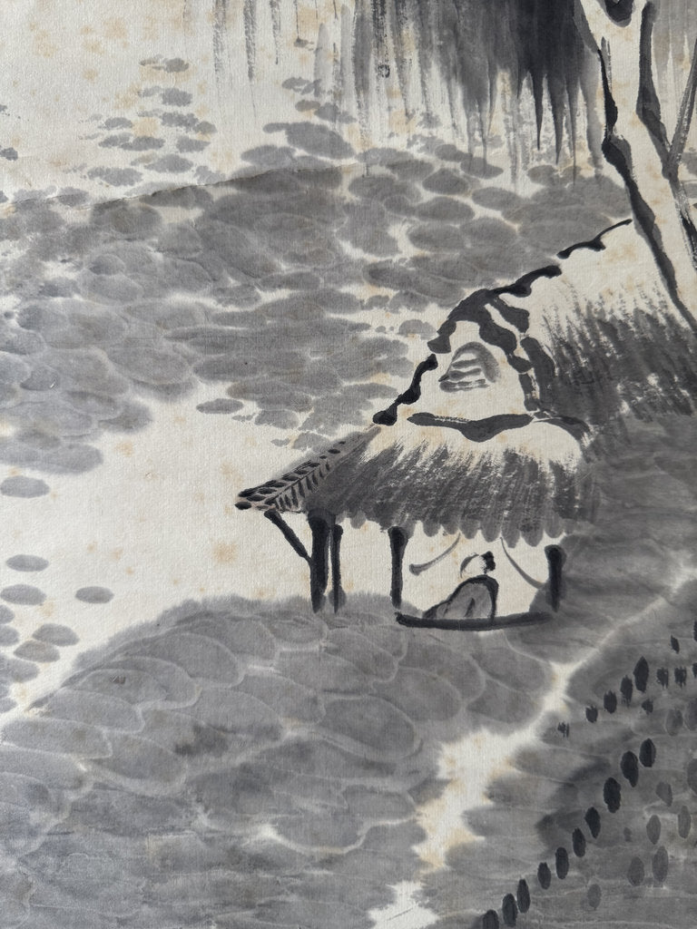 Antique Japanese Sumi-e Landscape Scroll, Mountain Hermit Sansuiga, Cursive Poem, Blue and White Porcelain Roller Ends, Genuine Foxing