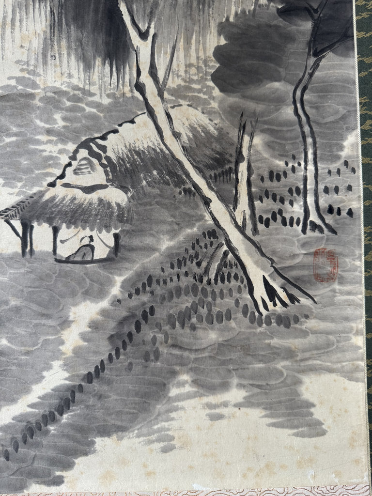 Antique Japanese Sumi-e Landscape Scroll, Mountain Hermit Sansuiga, Cursive Poem, Blue and White Porcelain Roller Ends, Genuine Foxing