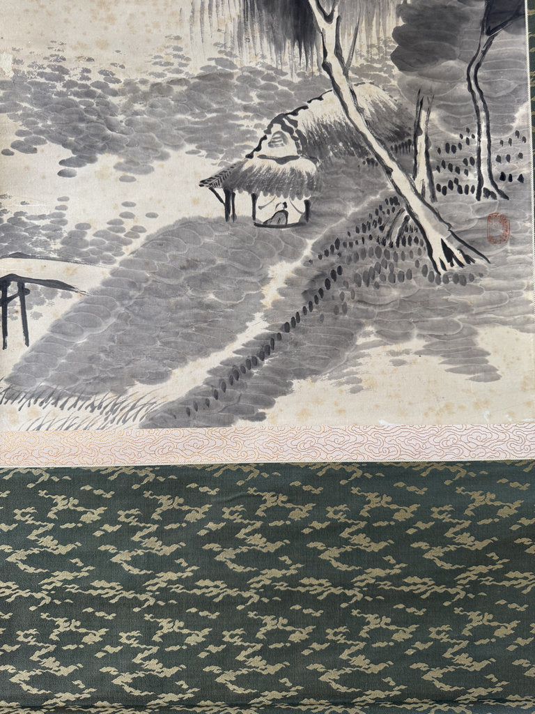 Antique Japanese Sumi-e Landscape Scroll, Mountain Hermit Sansuiga, Cursive Poem, Blue and White Porcelain Roller Ends, Genuine Foxing