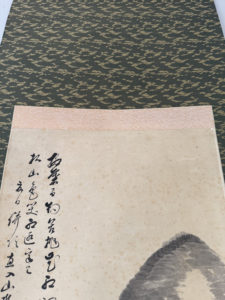 Antique Japanese Sumi-e Landscape Scroll, Mountain Hermit Sansuiga, Cursive Poem, Blue and White Porcelain Roller Ends, Genuine Foxing