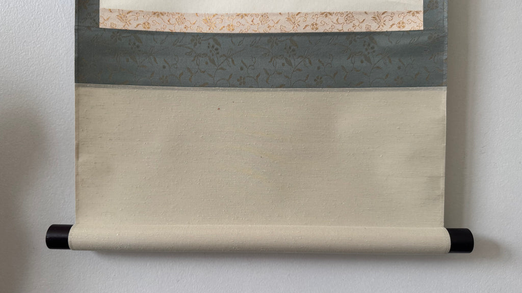 Vintage Japanese Zen Calligraphy Scroll Tendai Monk Willow Green Flower Red
