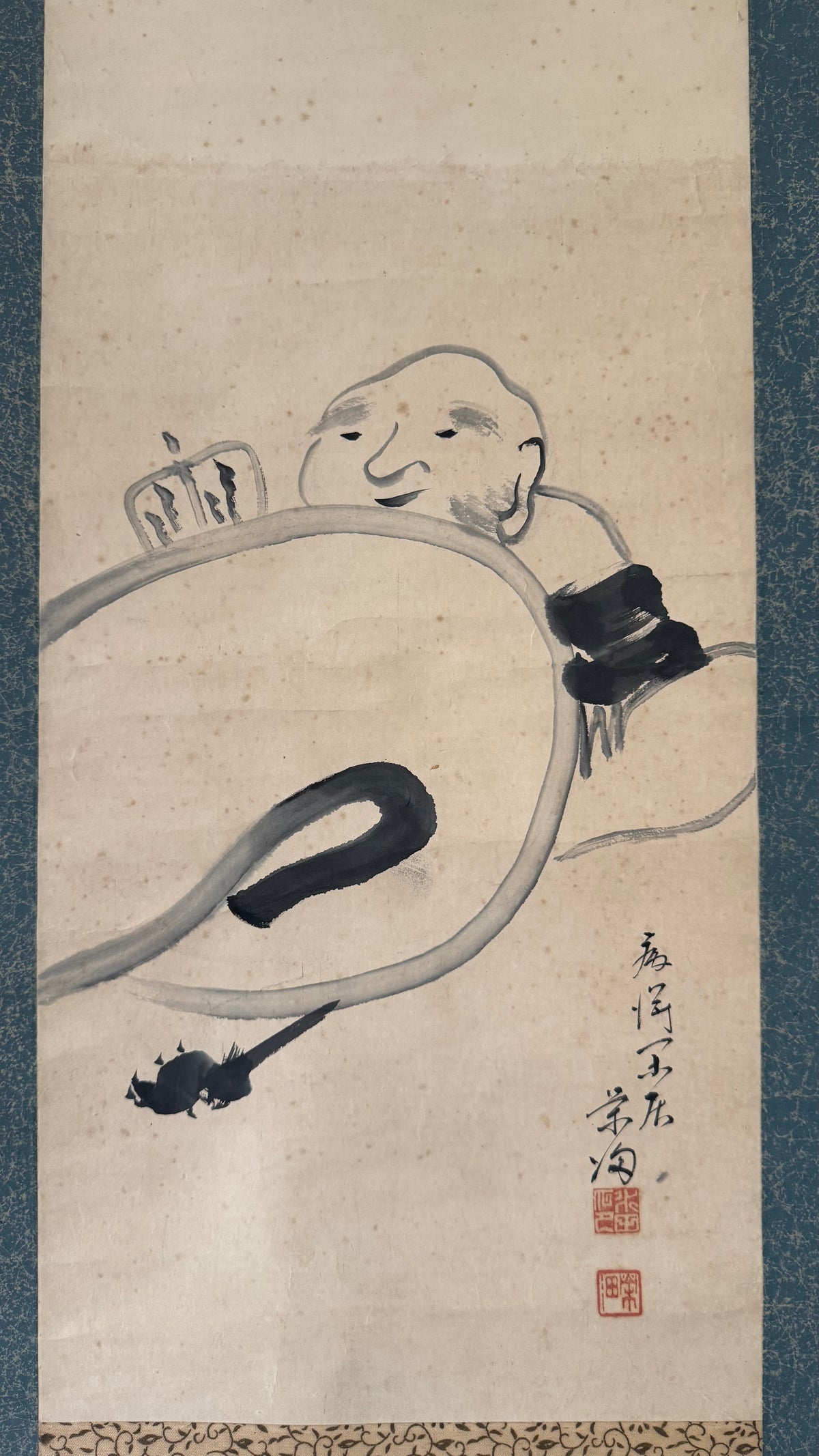 Vintage Japanese Kakemono Scroll Hotei Laughing Buddha Ink Painting Calligraphy