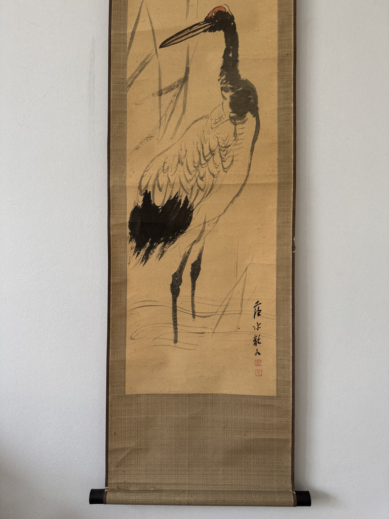 Antique Japanese Sumi-e Kakemono Scroll Red-Crowned Crane Painting