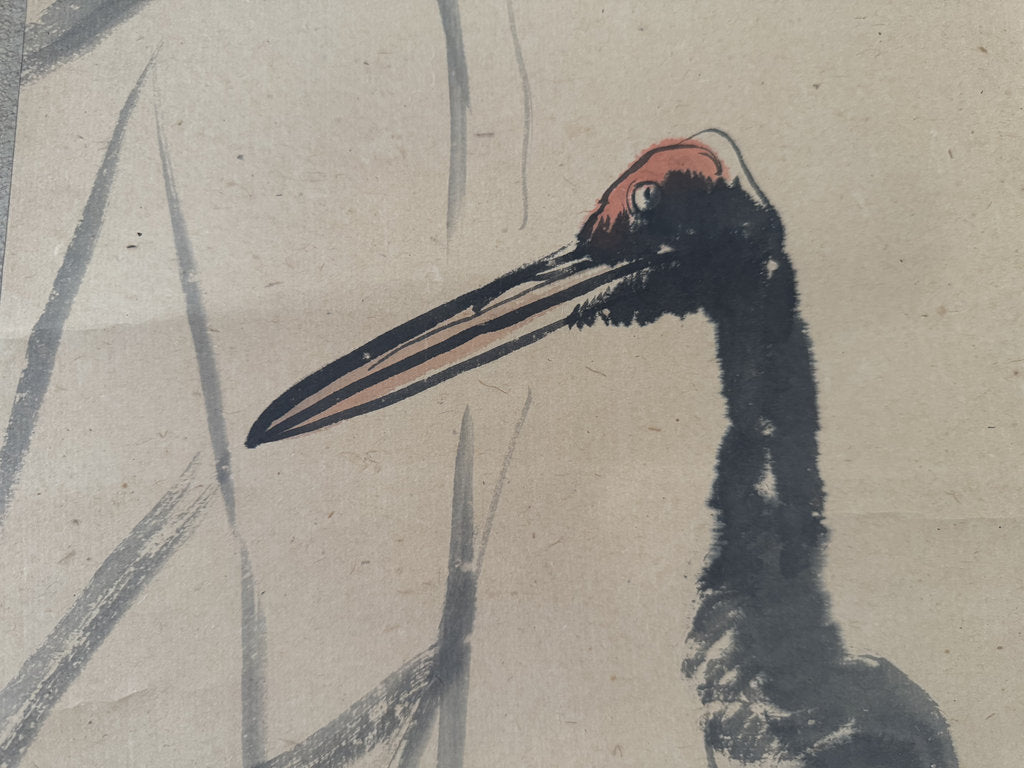 Antique Japanese Sumi-e Kakemono Scroll Red-Crowned Crane Painting