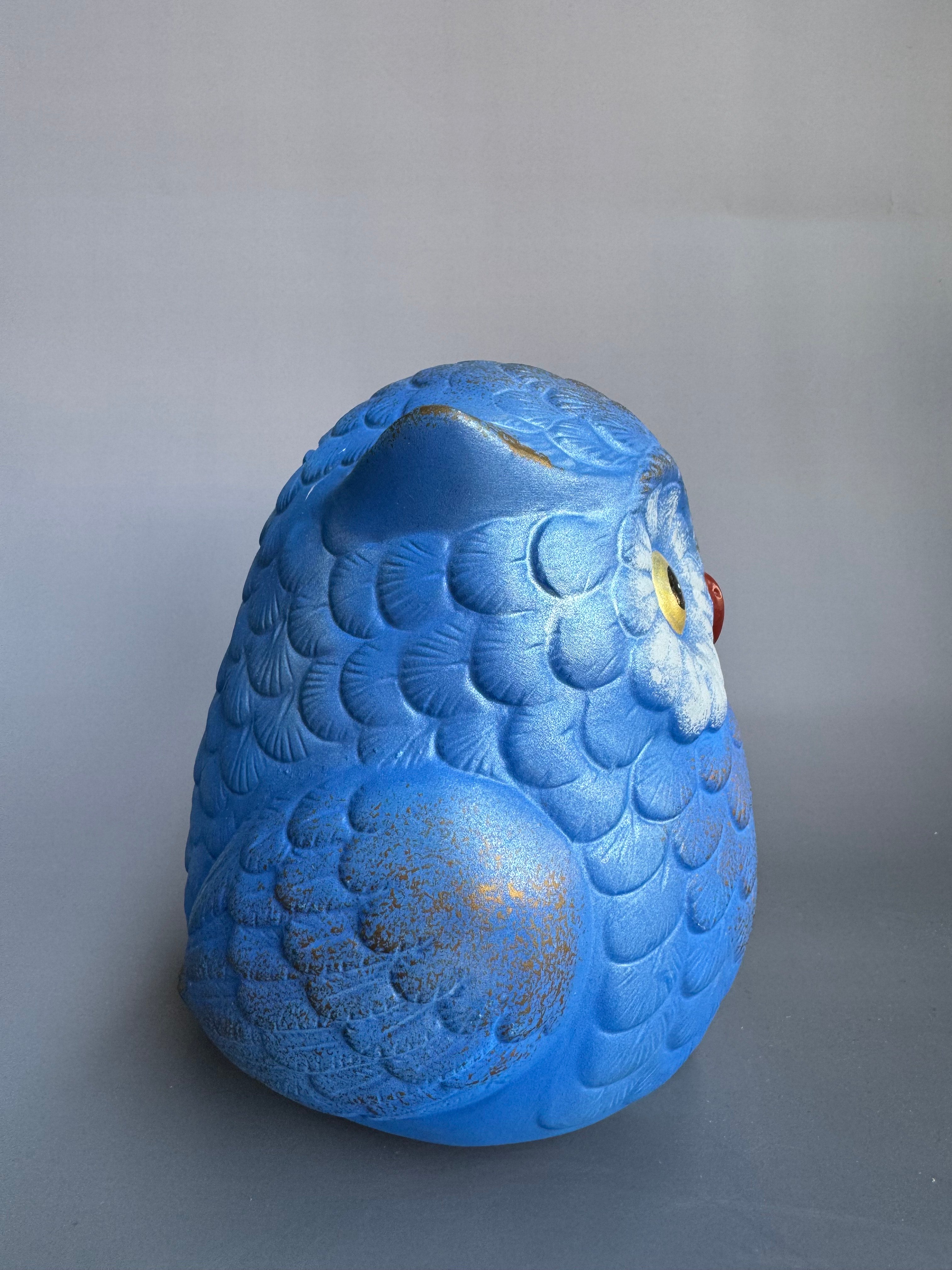 Golden-Bell Blue Owl Figurine - Handcrafted Japanese Ceramic
