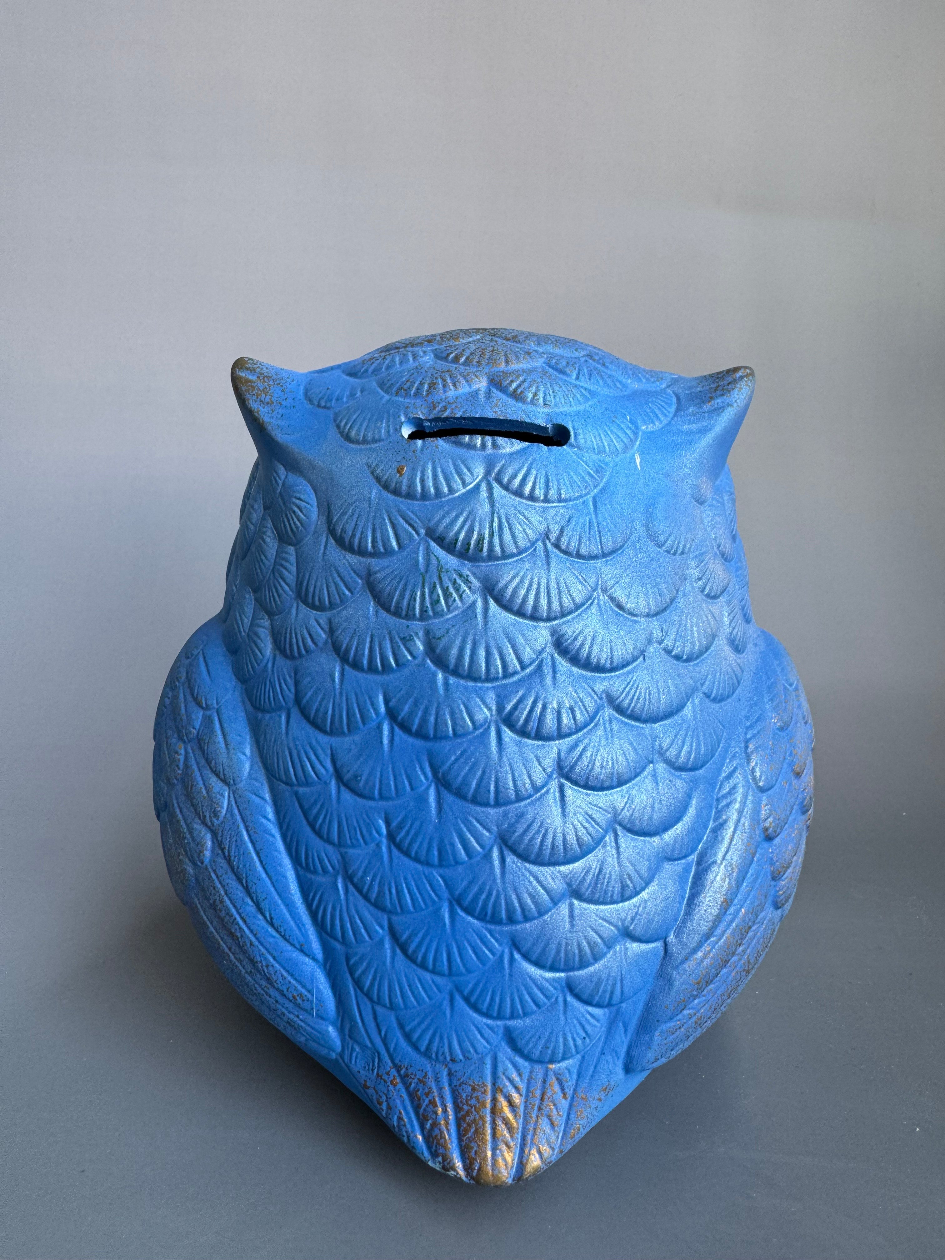 Golden-Bell Blue Owl Figurine - Handcrafted Japanese Ceramic
