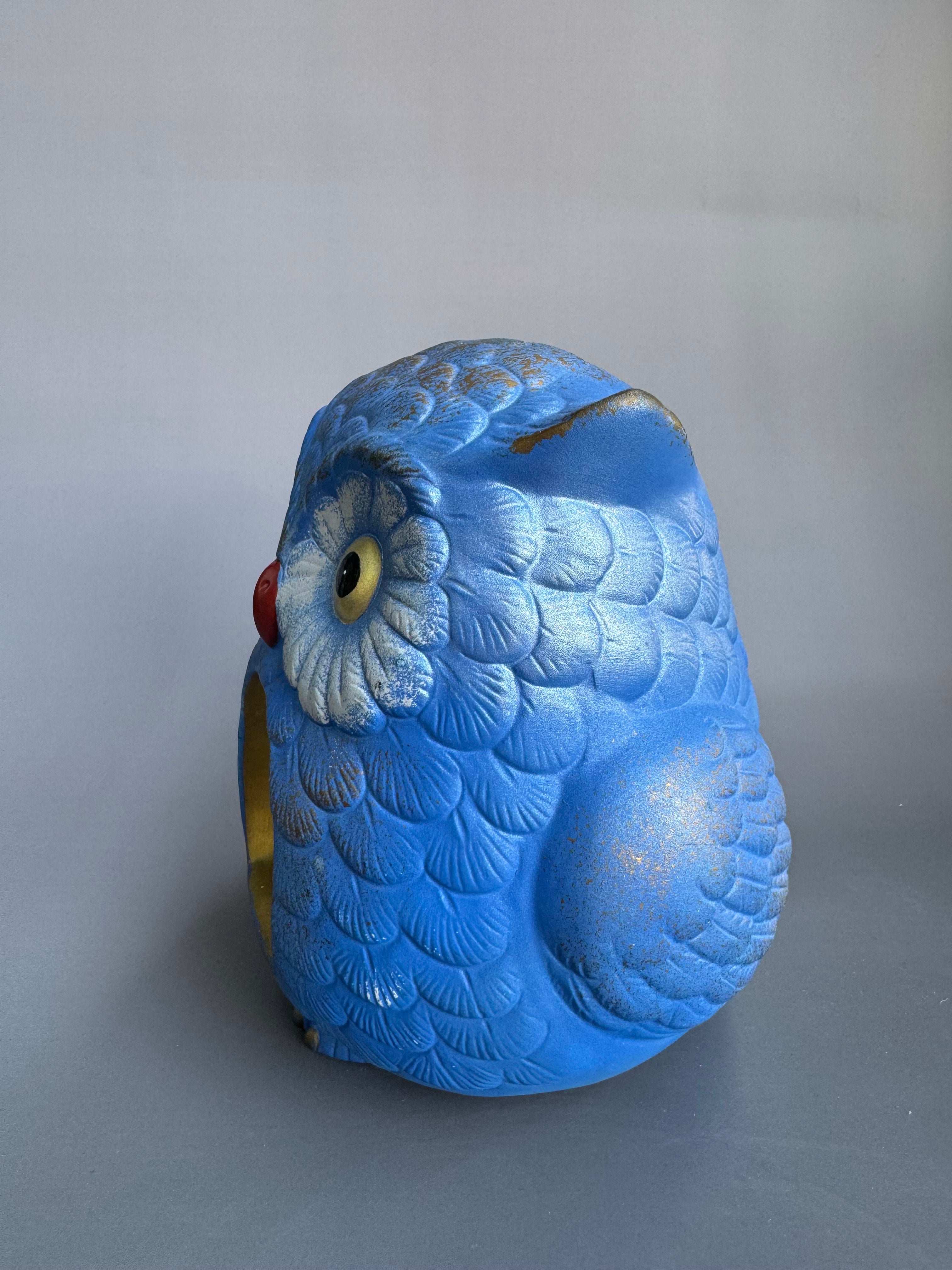 Golden-Bell Blue Owl Figurine - Handcrafted Japanese Ceramic