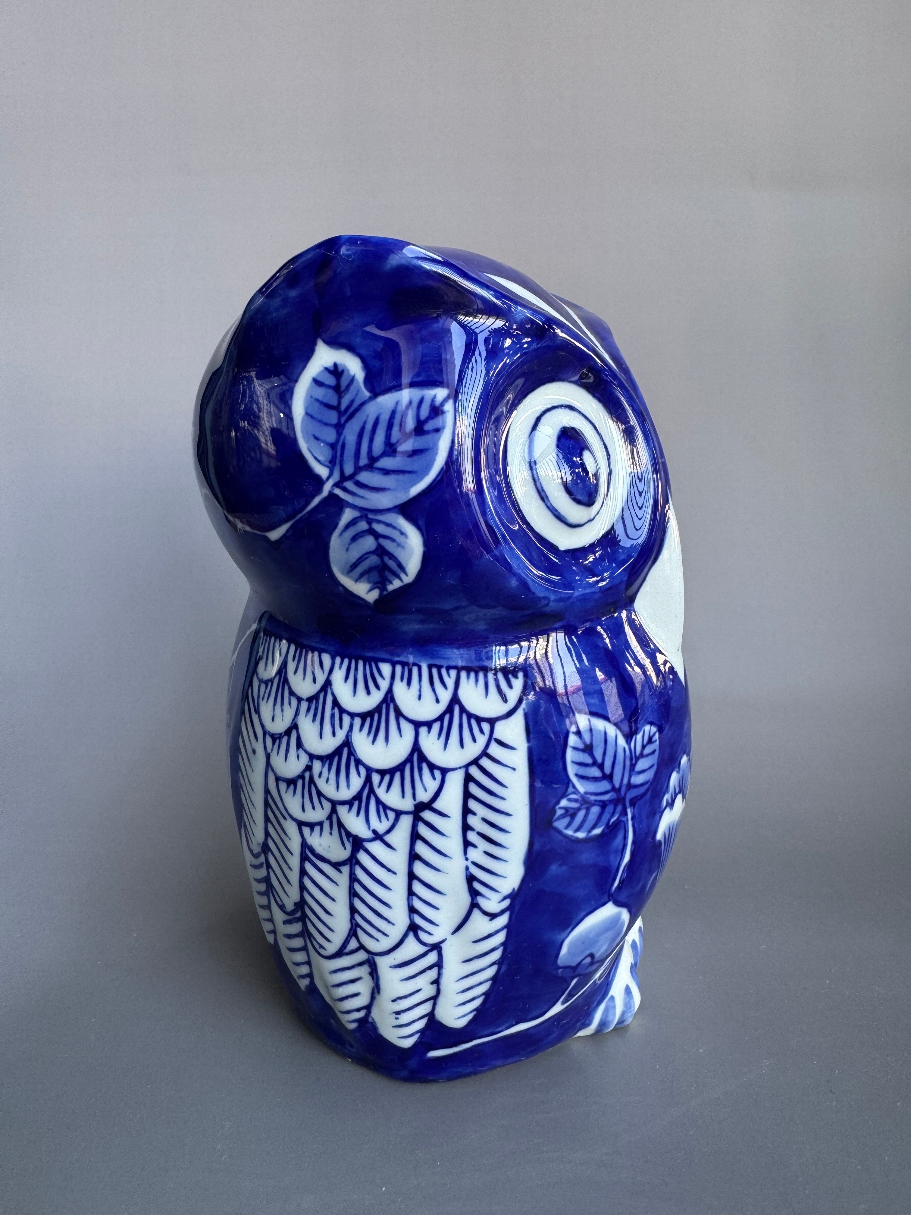 “Indigo Blue Owl Ceramic Figurine – Handcrafted Japanese Fukurou of Wisdom and Fortune