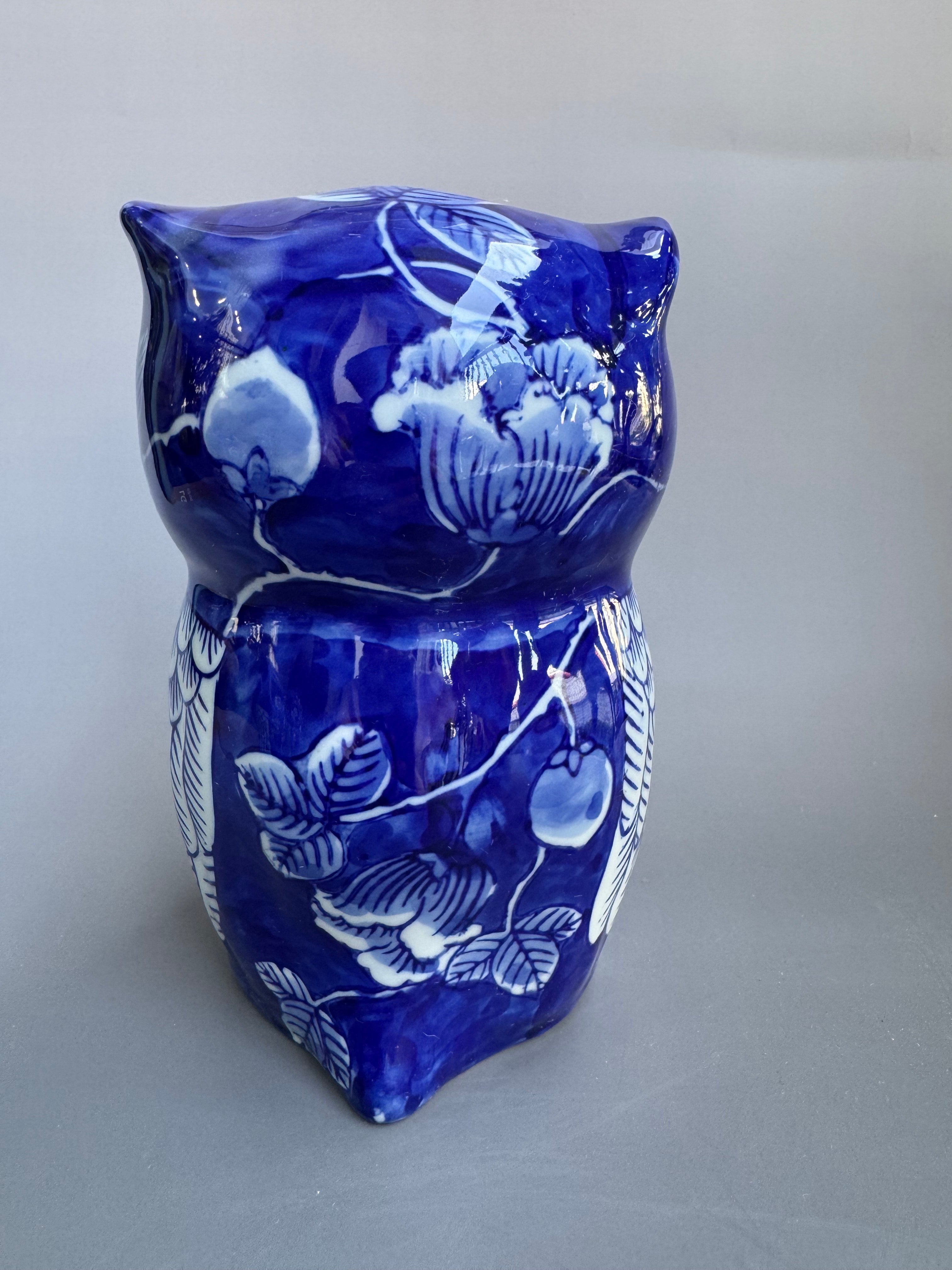 “Indigo Blue Owl Ceramic Figurine – Handcrafted Japanese Fukurou of Wisdom and Fortune