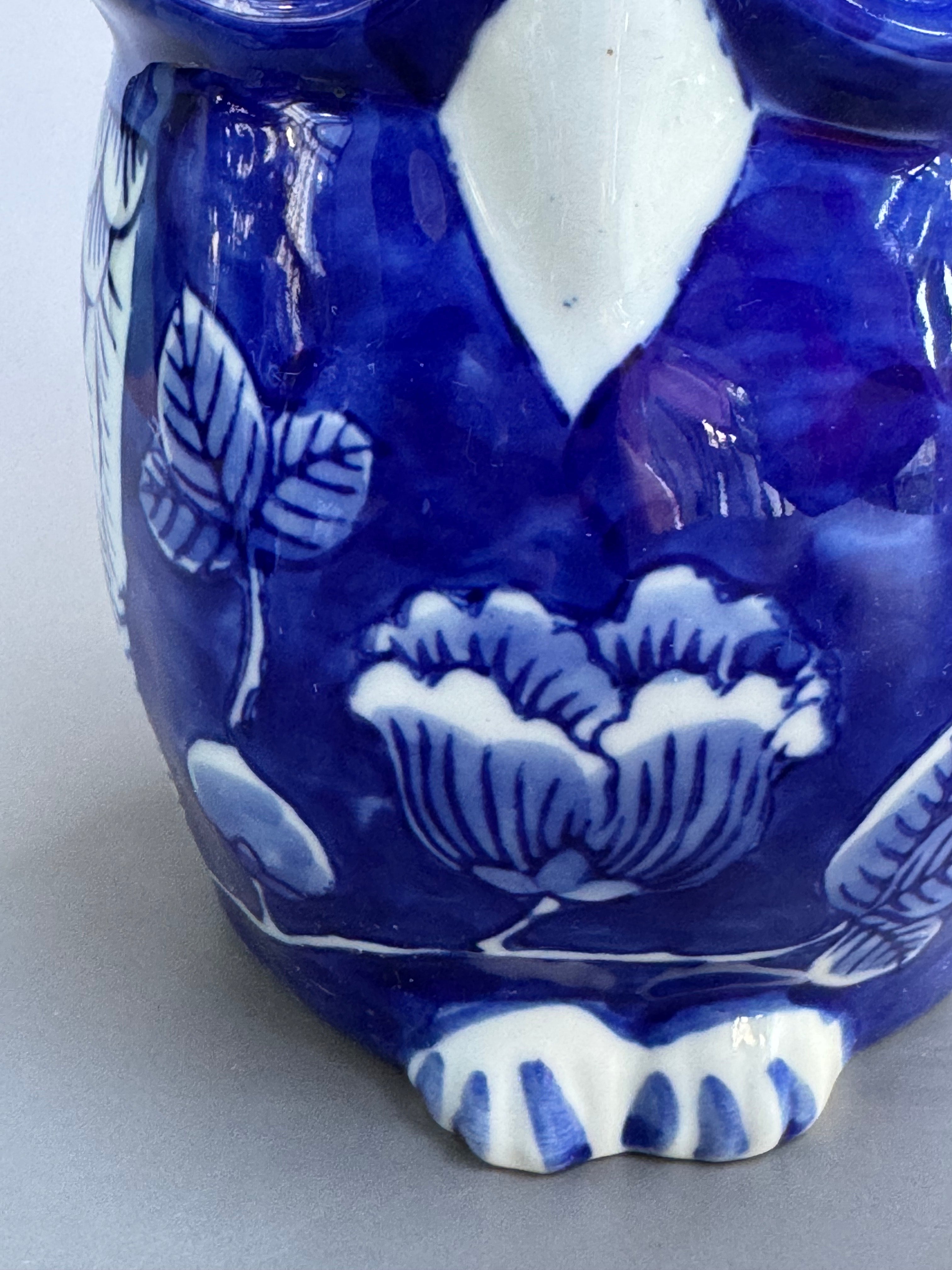 “Indigo Blue Owl Ceramic Figurine – Handcrafted Japanese Fukurou of Wisdom and Fortune