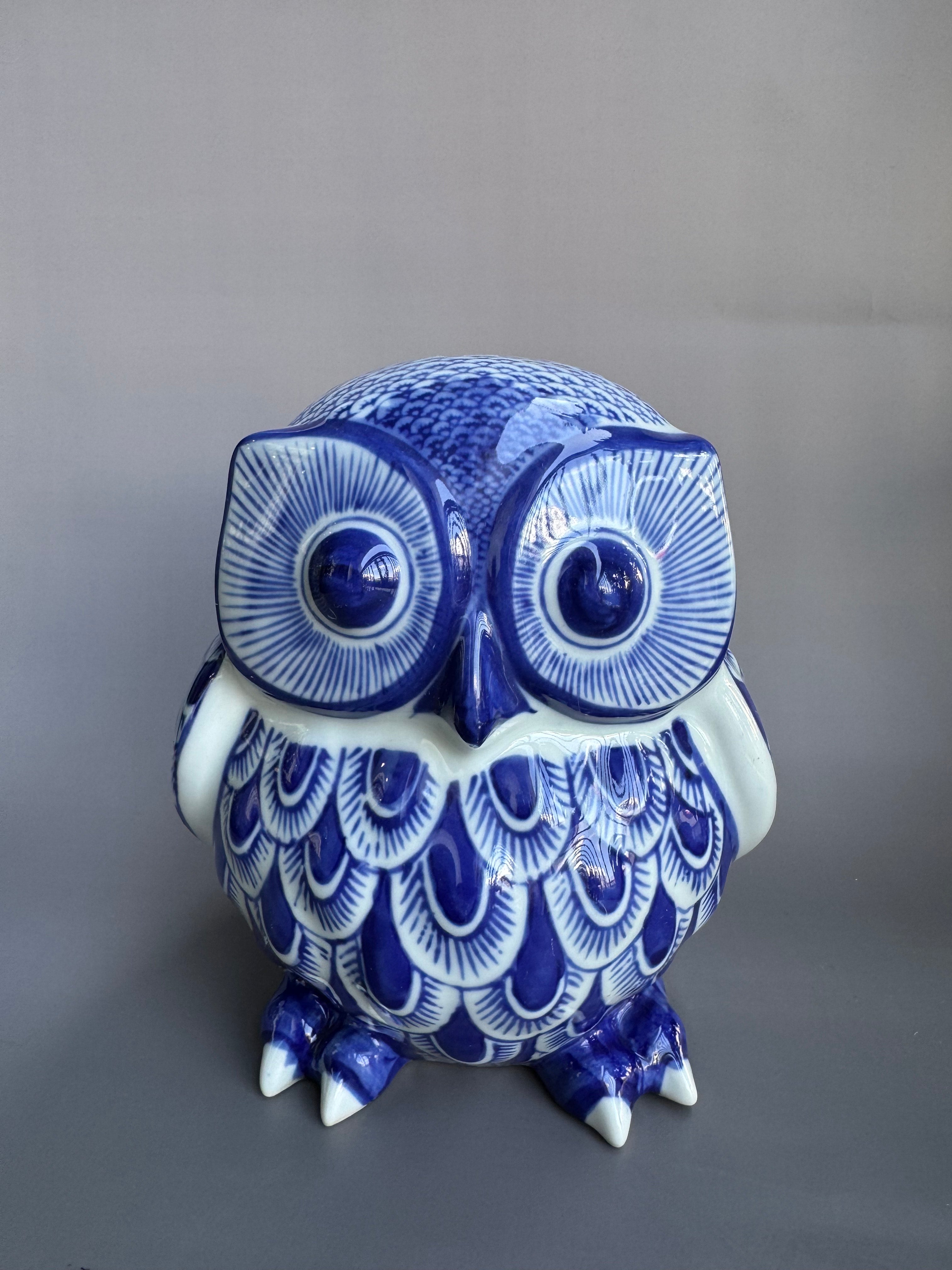 Japanese Blue & White Ceramic Owl Figurine “Fukurou” | Handcrafted Porcelain Art by Chikoyaki