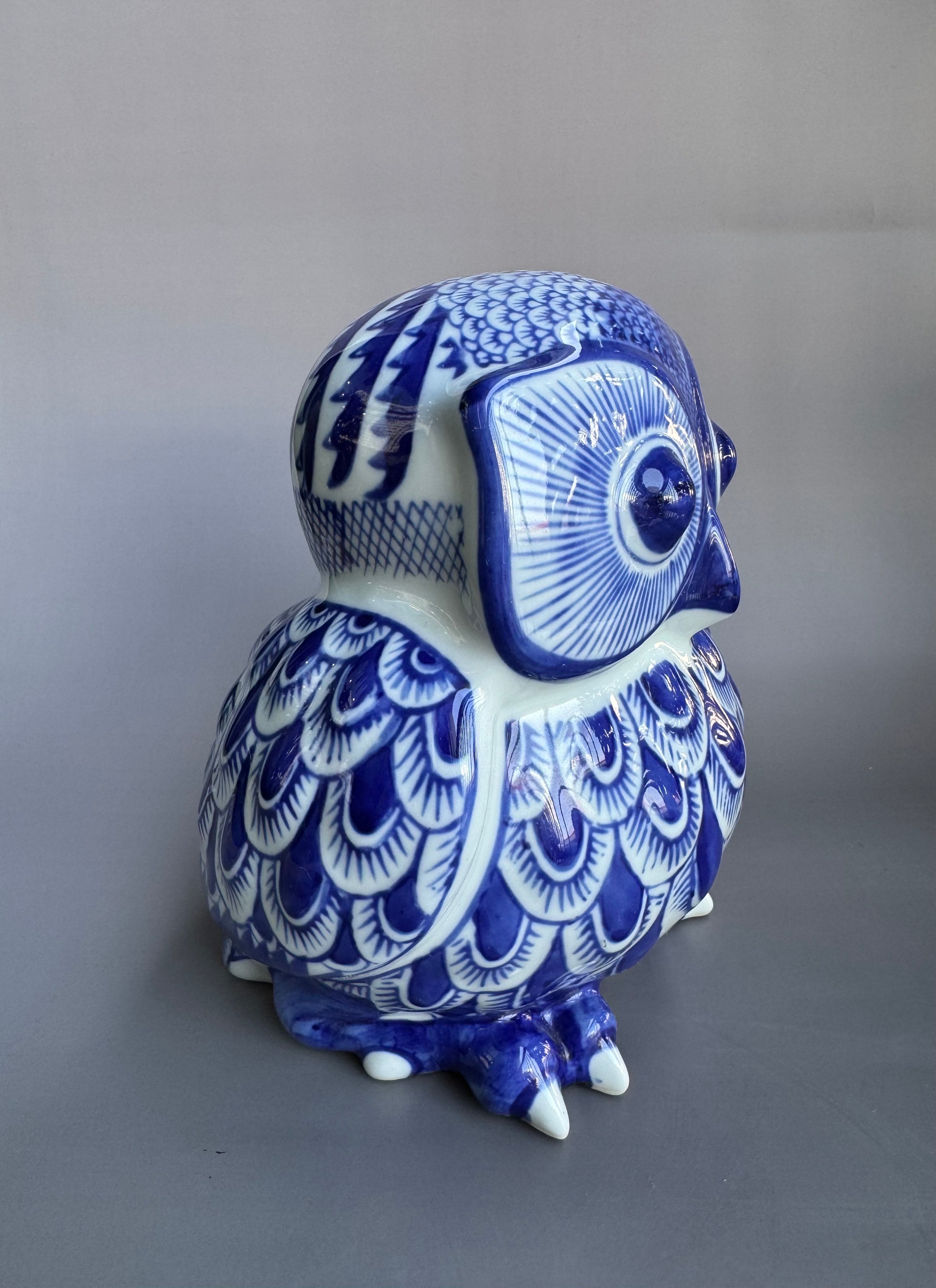 Japanese Blue & White Ceramic Owl Figurine “Fukurou” | Handcrafted Porcelain Art by Chikoyaki