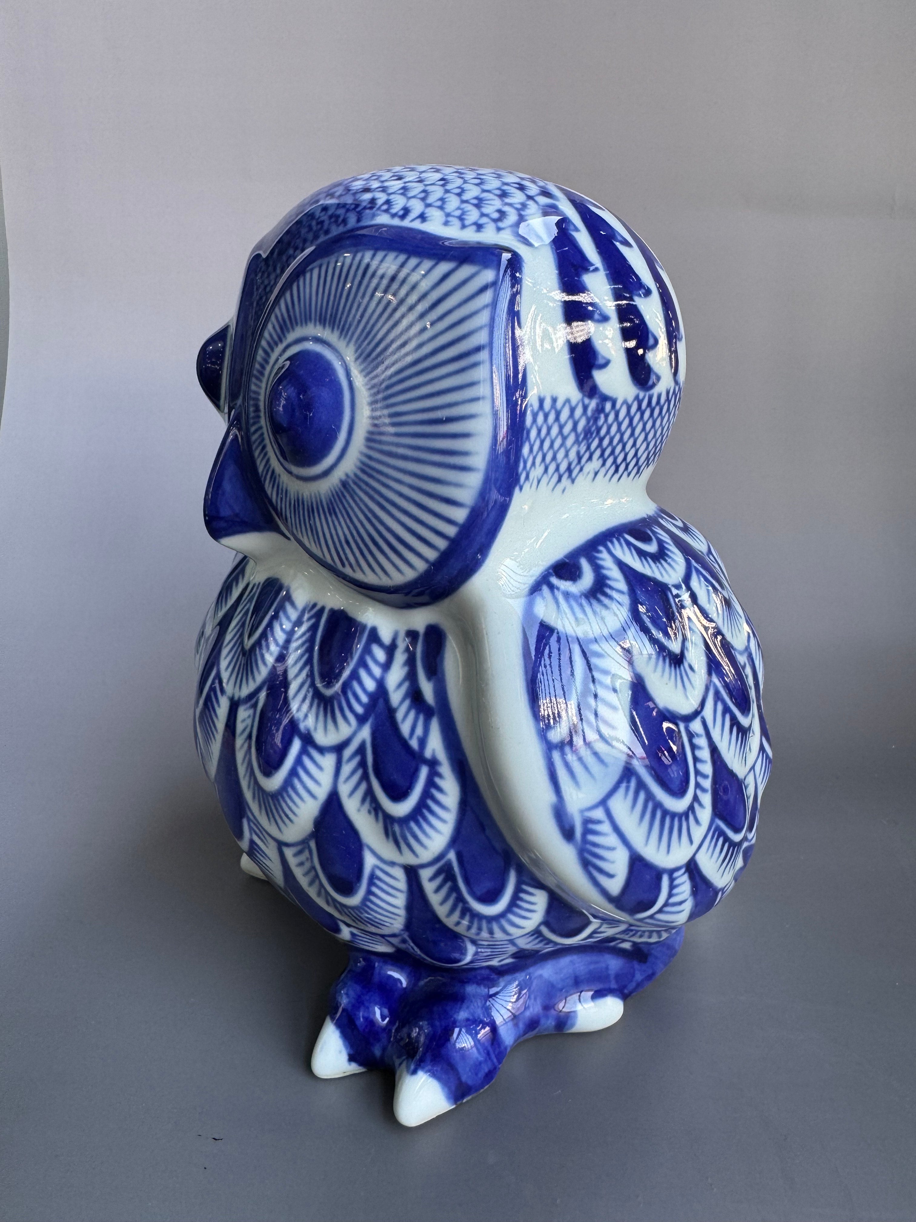 Japanese Blue & White Ceramic Owl Figurine “Fukurou” | Handcrafted Porcelain Art by Chikoyaki