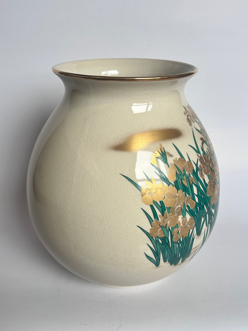 Kutani Vase Gold Iris Kakitsubata Kinrande Gilt Crackle Glaze Ivory Porcelain Signed Toei Showa
