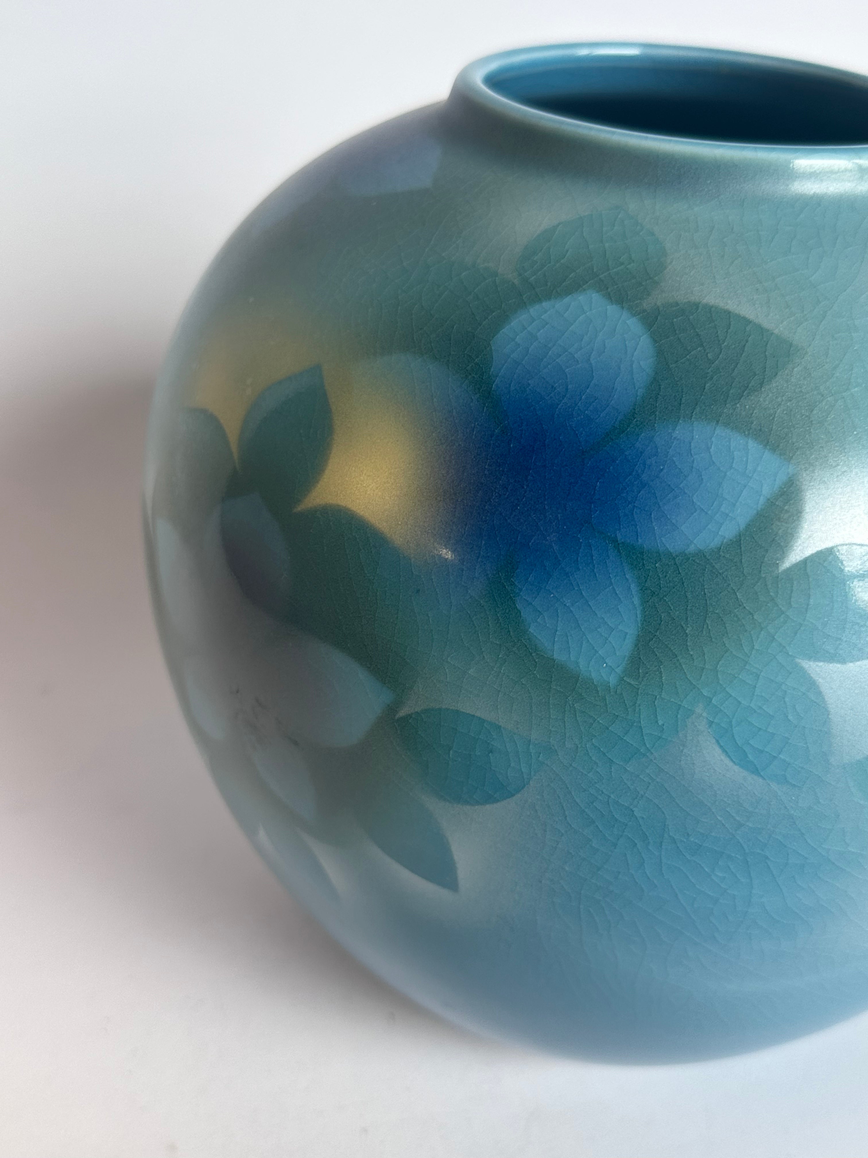 Kutani Vase Blue Hydrangea Ajisai Ginsai Silver Glaze Monochrome Japanese Porcelain Globe Form Showa Studio Ceramics Collector