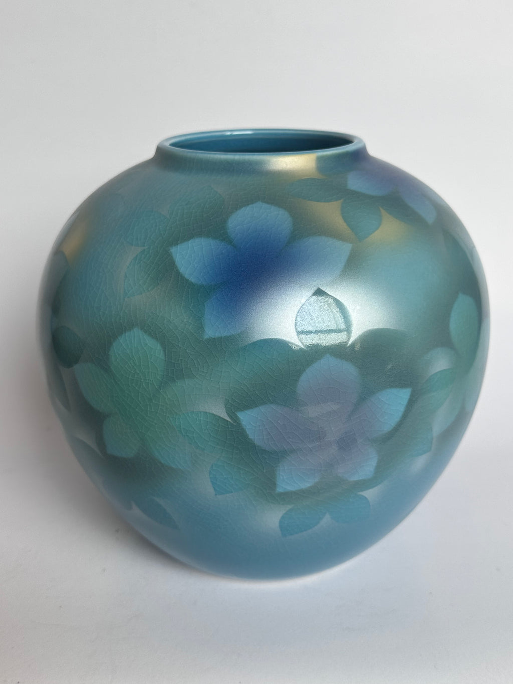 Kutani Vase Blue Hydrangea Ajisai Ginsai Silver Glaze Monochrome Japanese Porcelain Globe Form Showa Studio Ceramics Collector