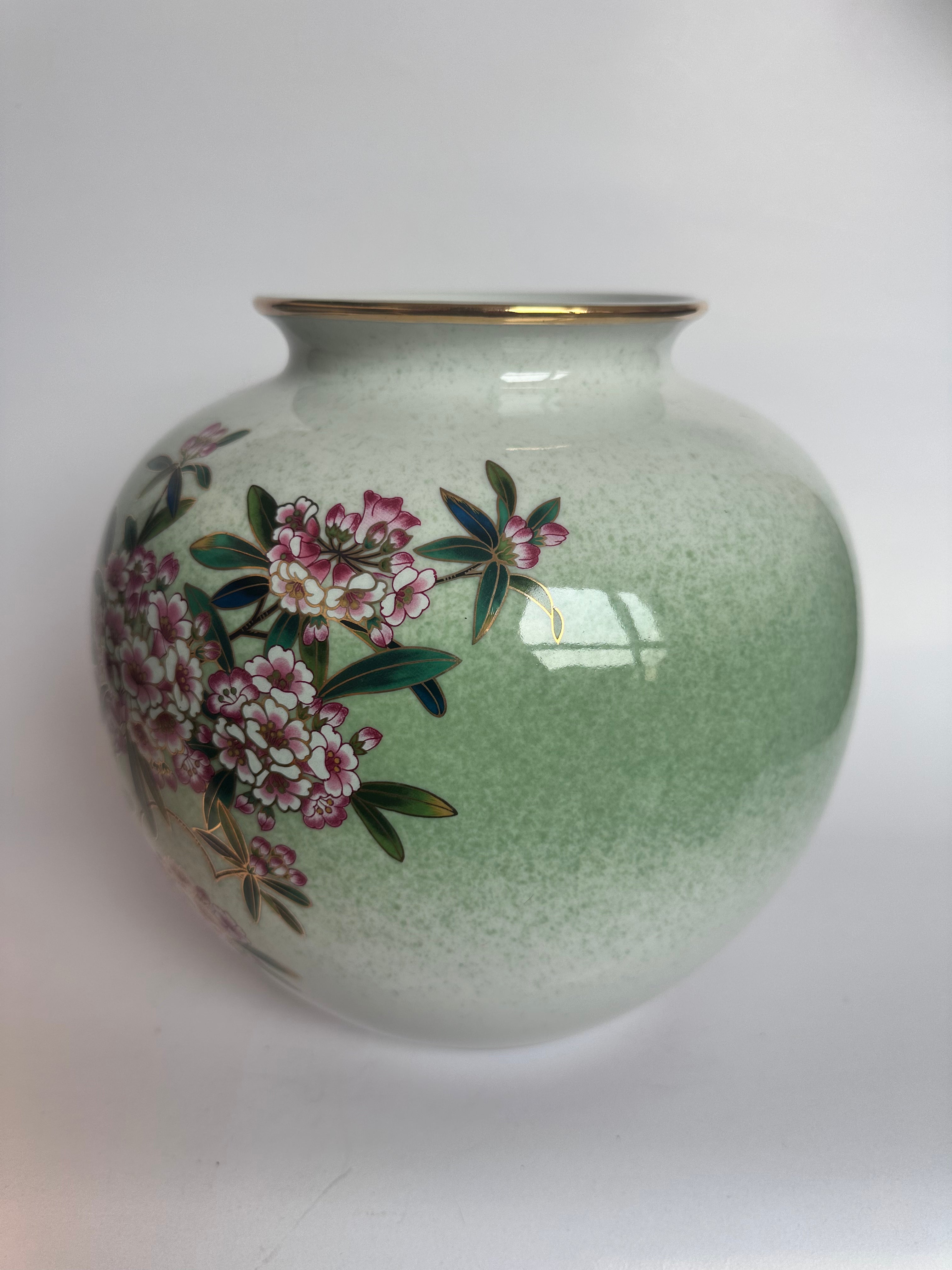 Kutani Vase Hand Painted Rhododendron Shakunage Celadon Gold Rim Japanese Porcelain Showa Vintage Floral Ceramic Collector