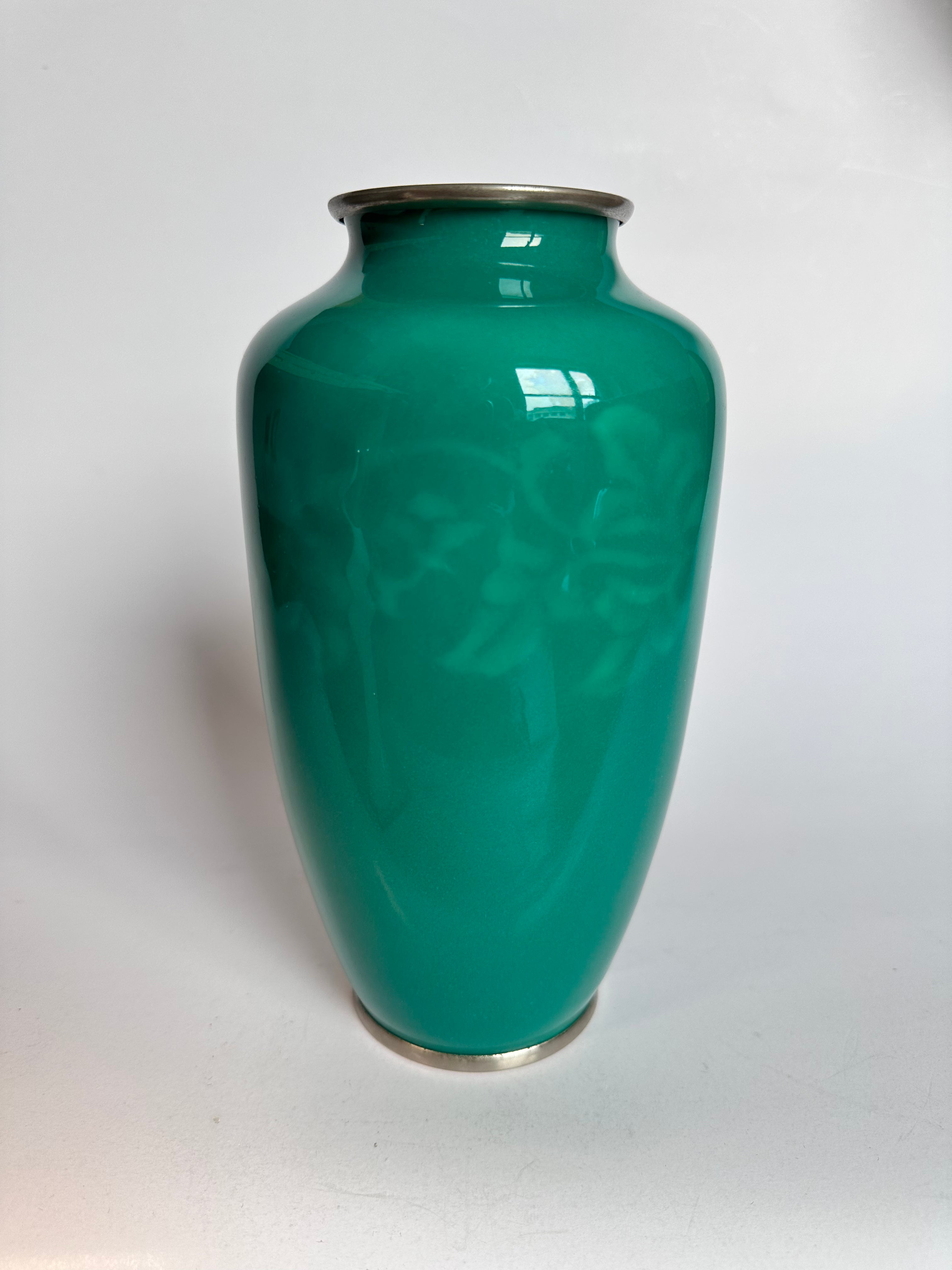 Japanese Cloisonné Vase Musen Shippo Malachite Green Enamel Silver Rim Nagoya Vintage Showa Era Collector Enamelware Gift