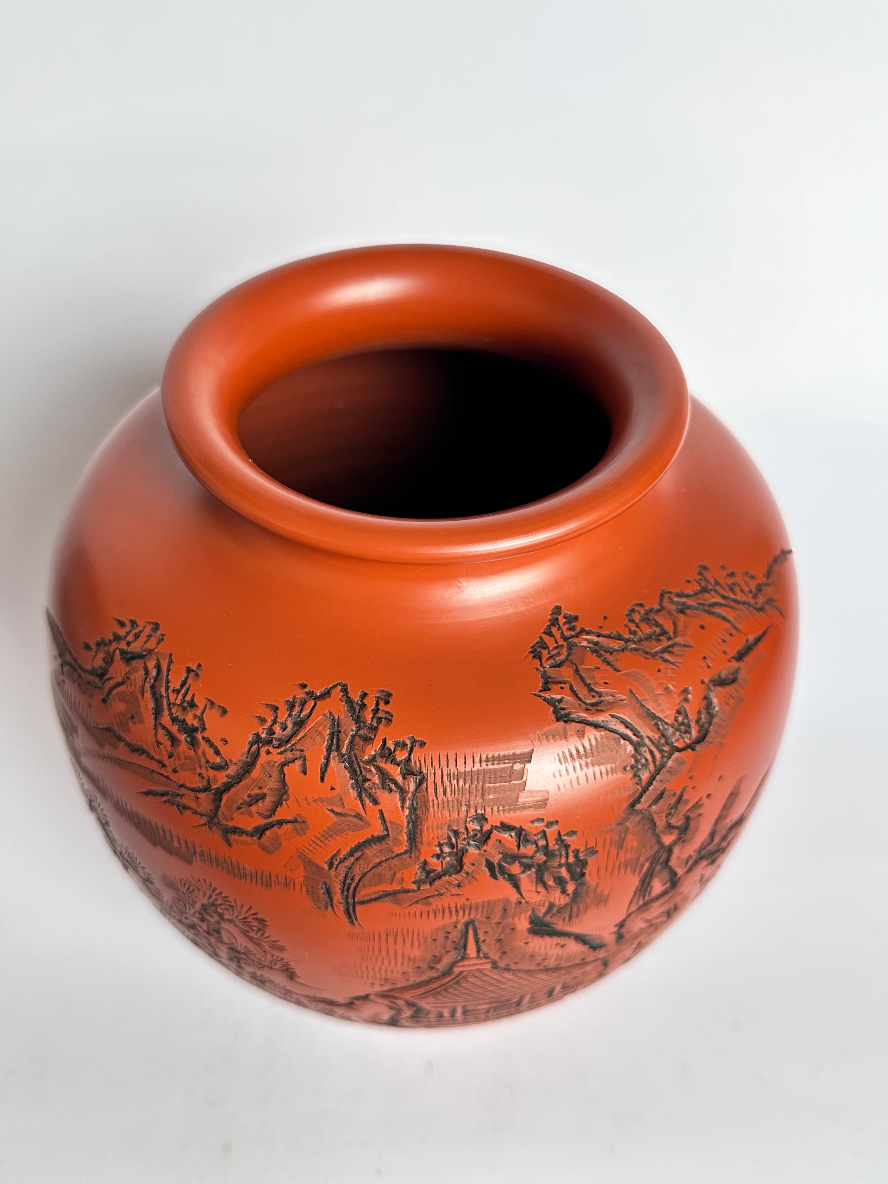 Tokoname Shudei Vase Hand Carved Sansui Landscape Kozan Signed Tomobako Japanese Stoneware Vintage