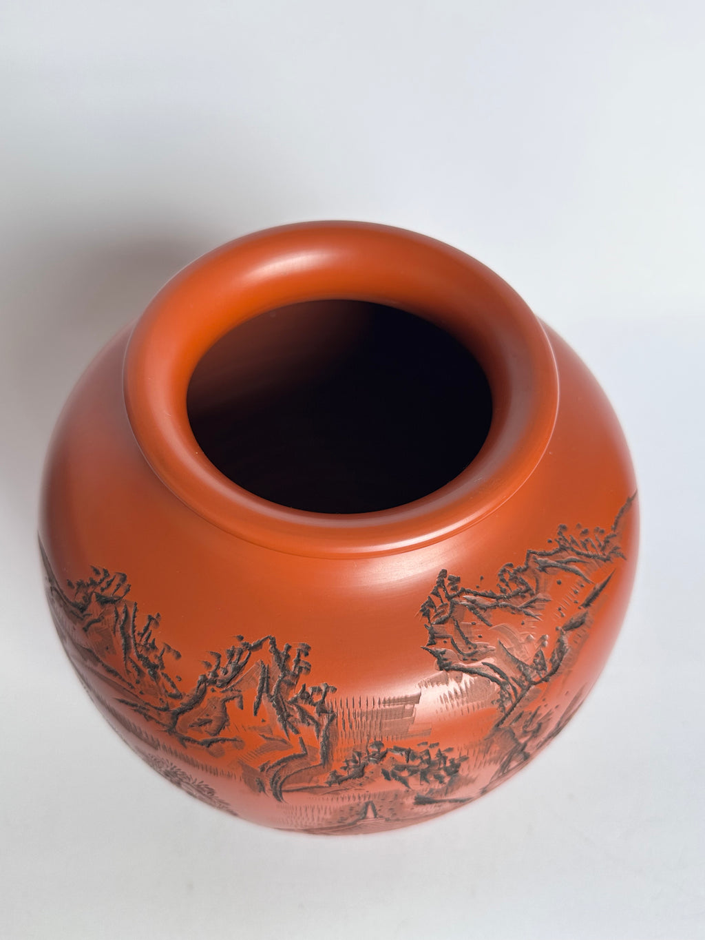 Tokoname Shudei Vase Hand Carved Sansui Landscape Kozan Signed Tomobako Japanese Stoneware Vintage