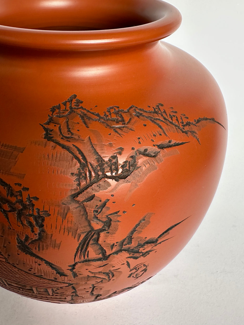 Tokoname Shudei Vase Hand Carved Sansui Landscape Kozan Signed Tomobako Japanese Stoneware Vintage