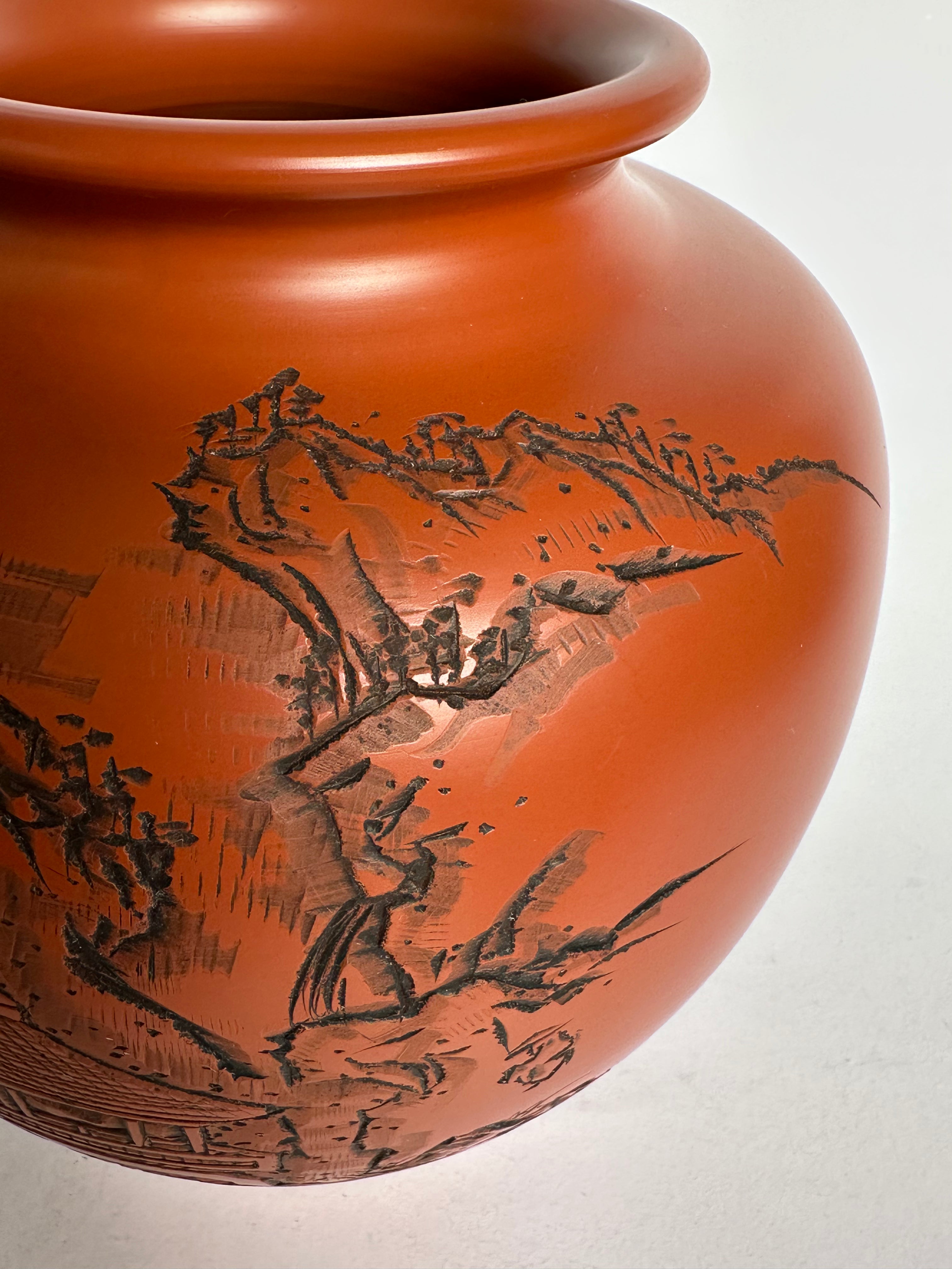 Tokoname Shudei Vase Hand Carved Sansui Landscape Kozan Signed Tomobako Japanese Stoneware Vintage