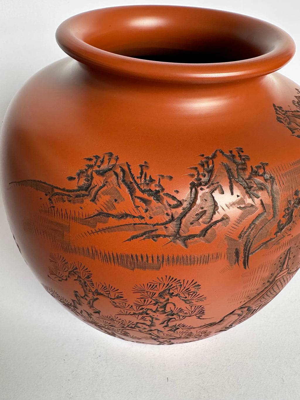 Tokoname Shudei Vase Hand Carved Sansui Landscape Kozan Signed Tomobako Japanese Stoneware Vintage
