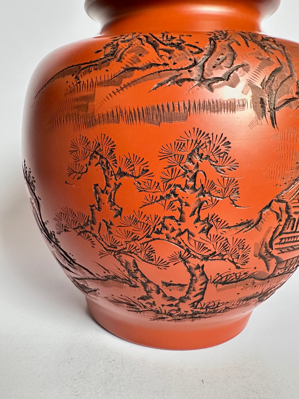 Tokoname Shudei Vase Hand Carved Sansui Landscape Kozan Signed Tomobako Japanese Stoneware Vintage