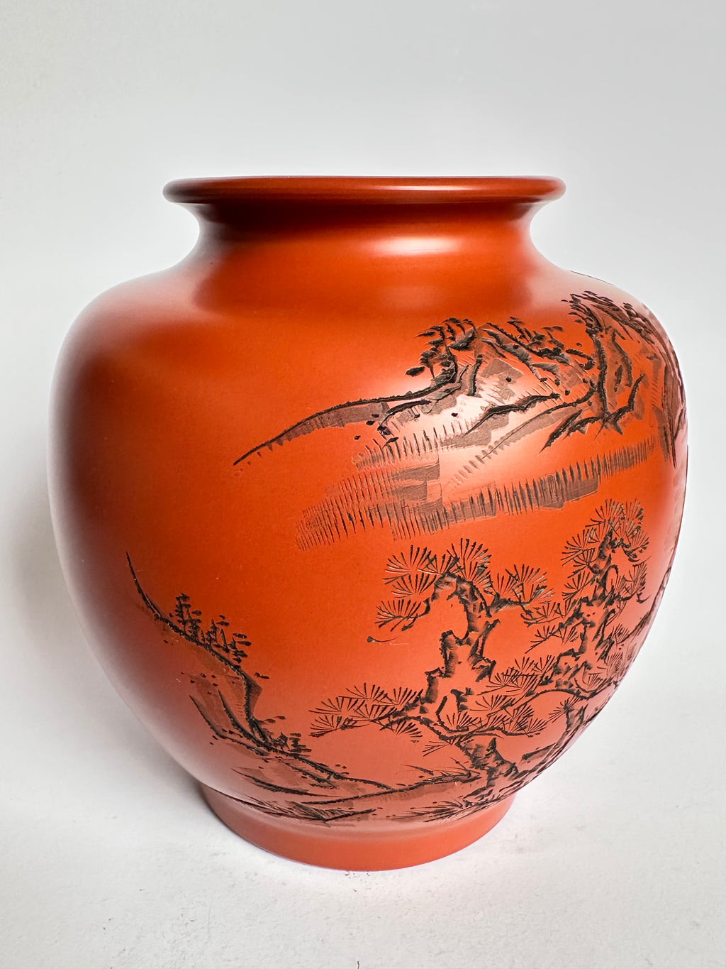 Tokoname Shudei Vase Hand Carved Sansui Landscape Kozan Signed Tomobako Japanese Stoneware Vintage