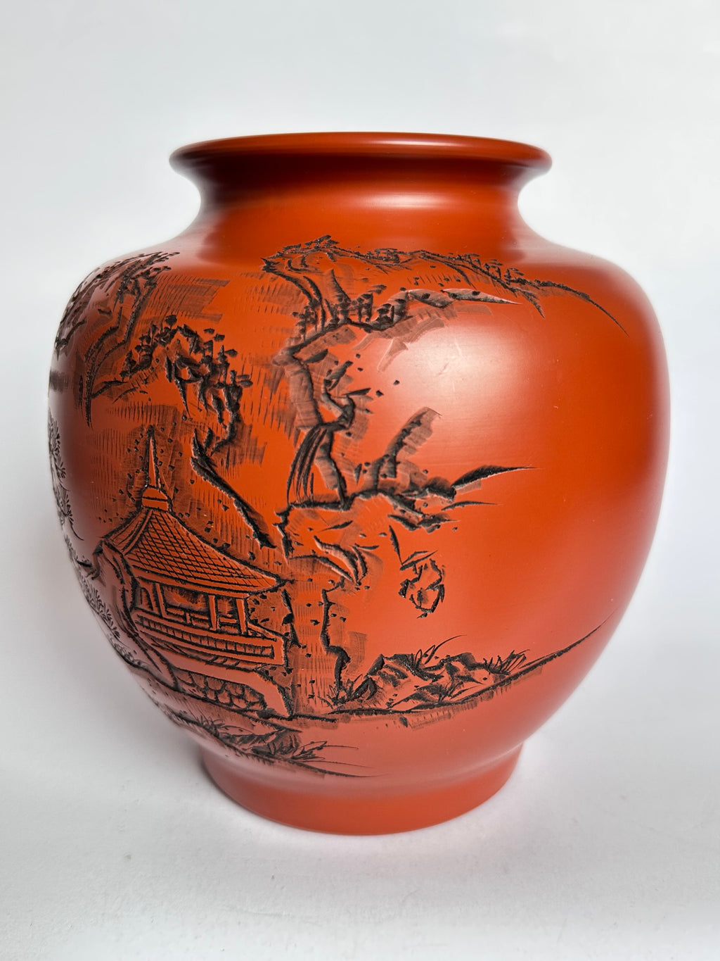 Tokoname Shudei Vase Hand Carved Sansui Landscape Kozan Signed Tomobako Japanese Stoneware Vintage
