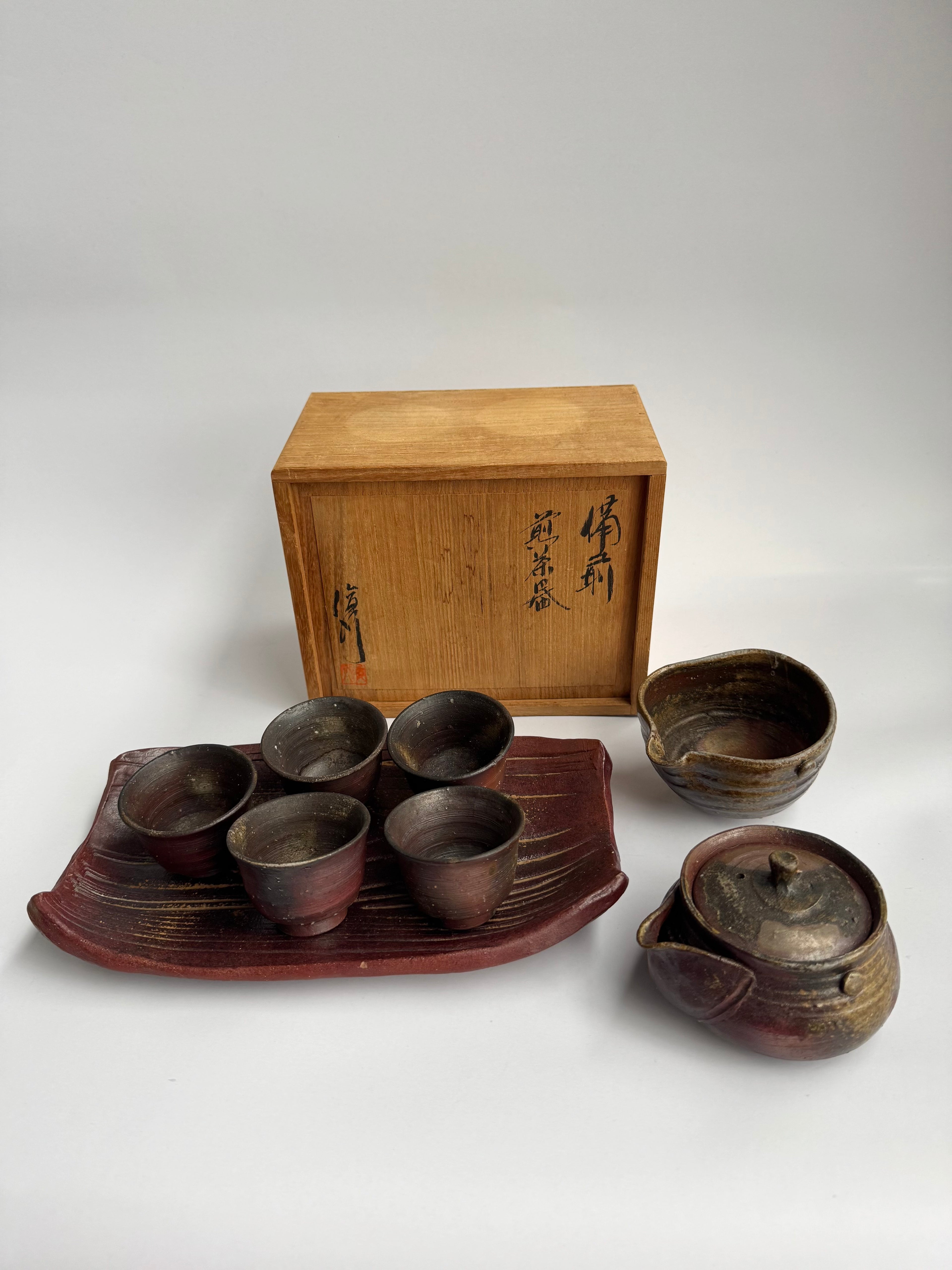 Complete Vintage Bizen Tea Set with Tomobako | Sangiri, Botamochi & Ishihaze Fire Marks | Handmade Japanese Pottery