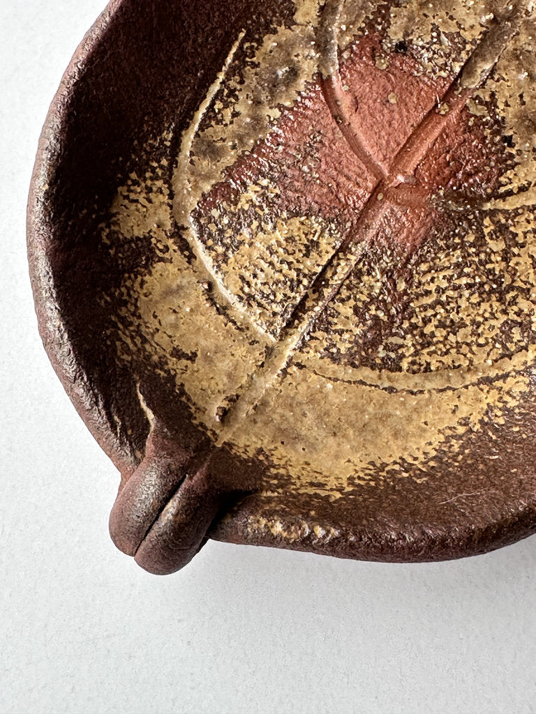 Bizen Yaki Leaf Coaster Pair Hidasuki Botamochi Anagama Wood Fired Japanese Stoneware Wabi Sabi Tea Ceremony Signed Vintage
