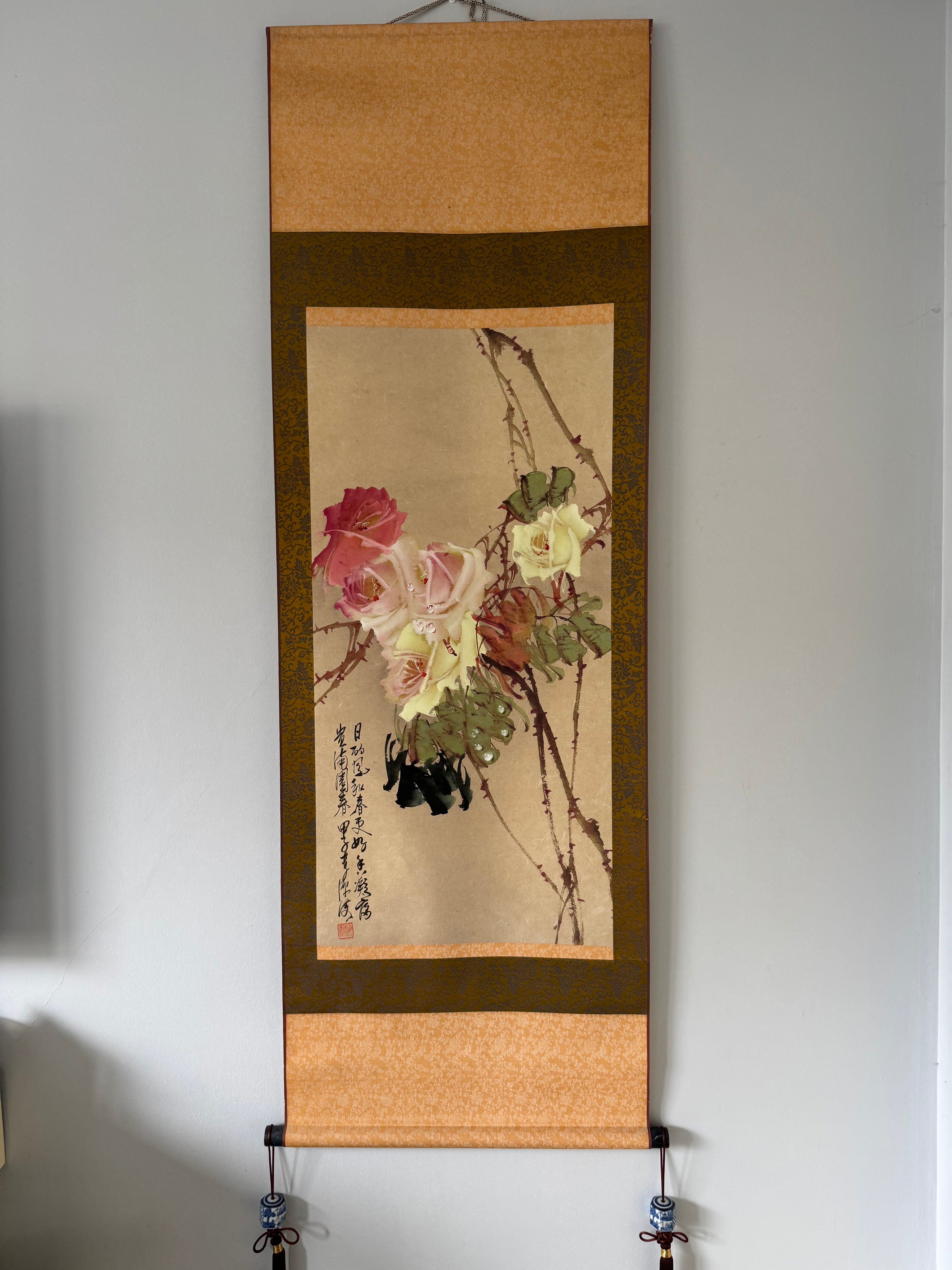 Vintage Japanese Watercolor Hanging Scroll | Hand-Painted Roses in Bloom | Elegant Kakejiku Wall Art
