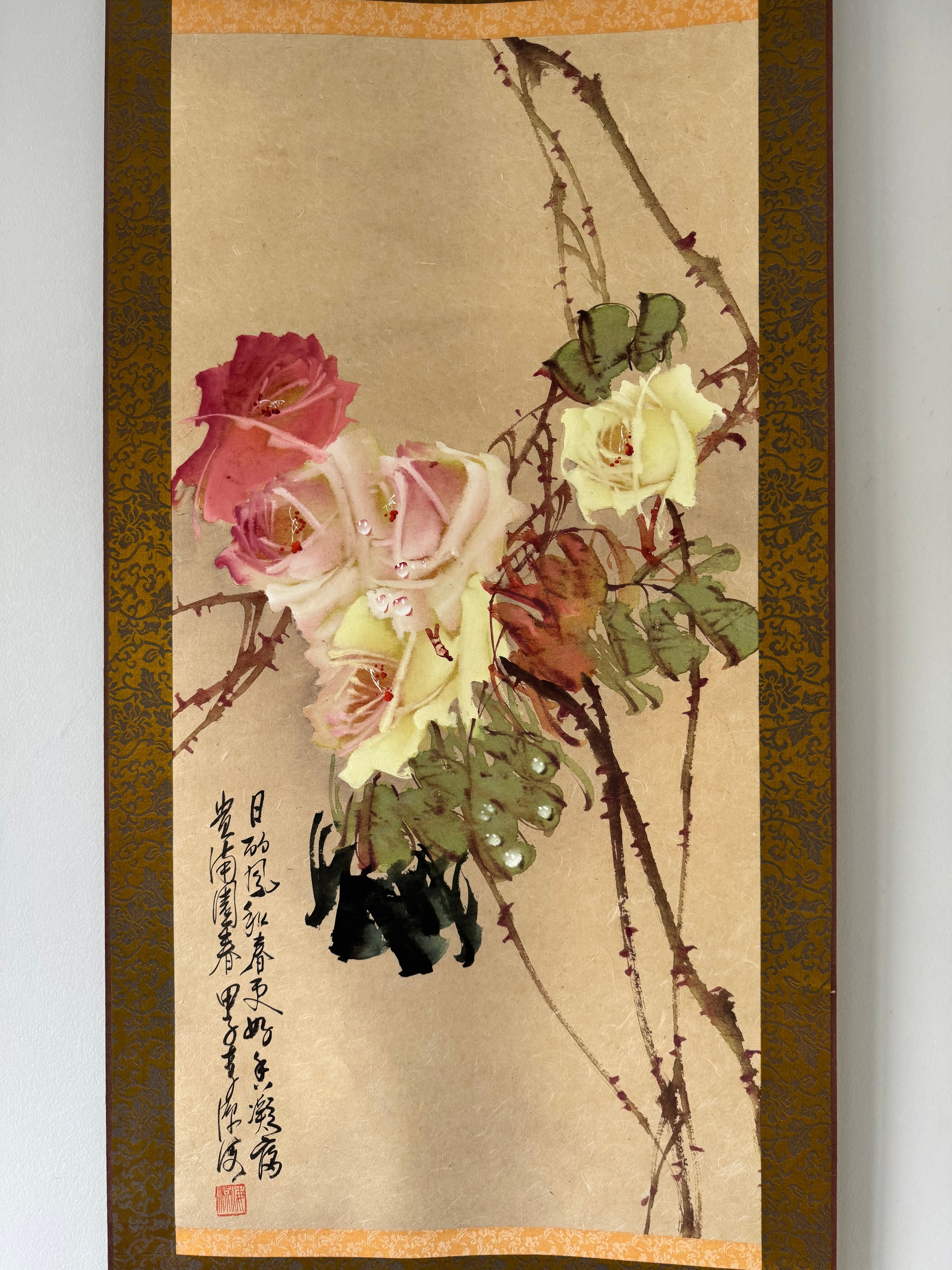 Vintage Japanese Watercolor Hanging Scroll | Hand-Painted Roses in Bloom | Elegant Kakejiku Wall Art