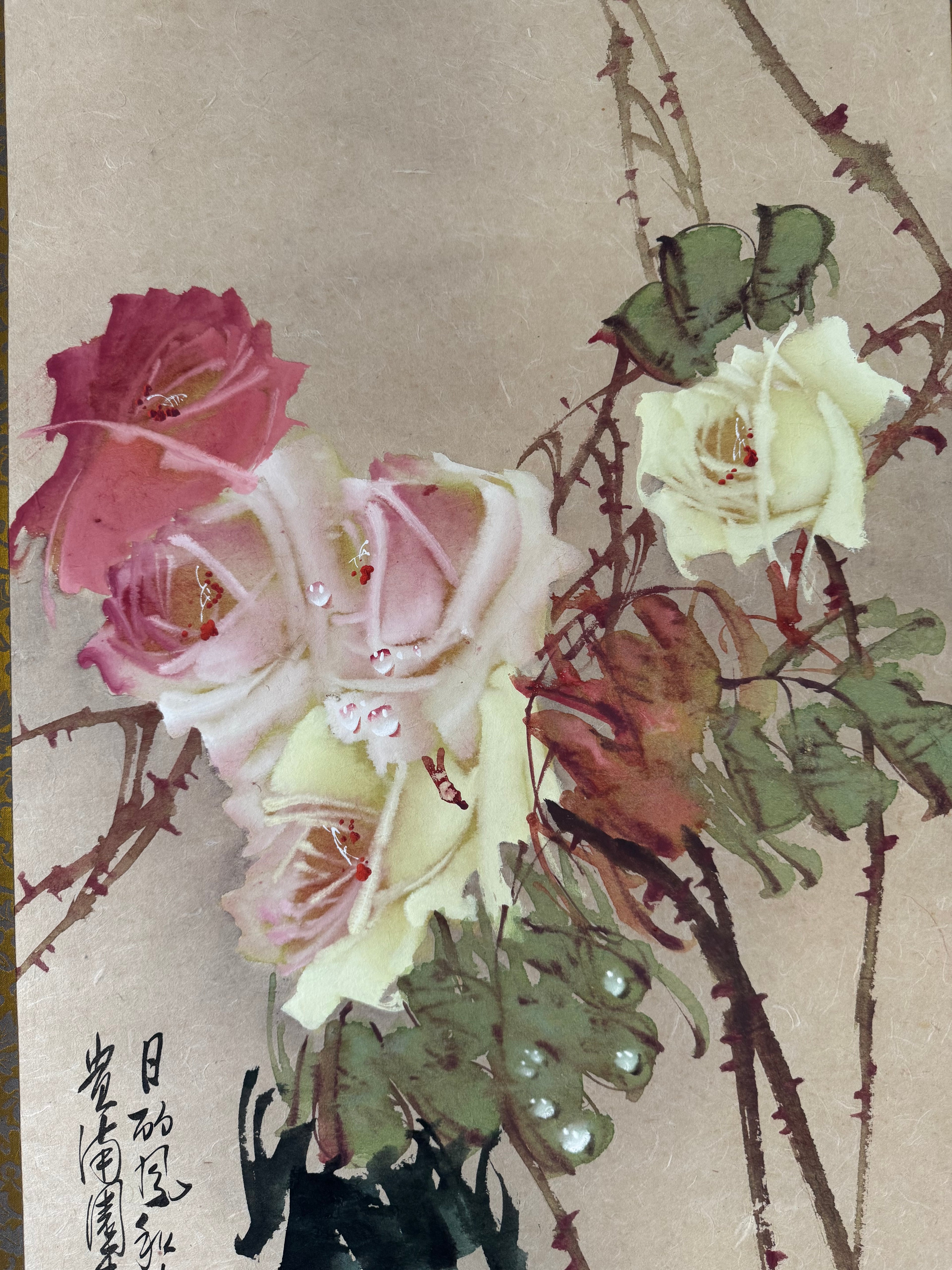 Vintage Japanese Watercolor Hanging Scroll | Hand-Painted Roses in Bloom | Elegant Kakejiku Wall Art