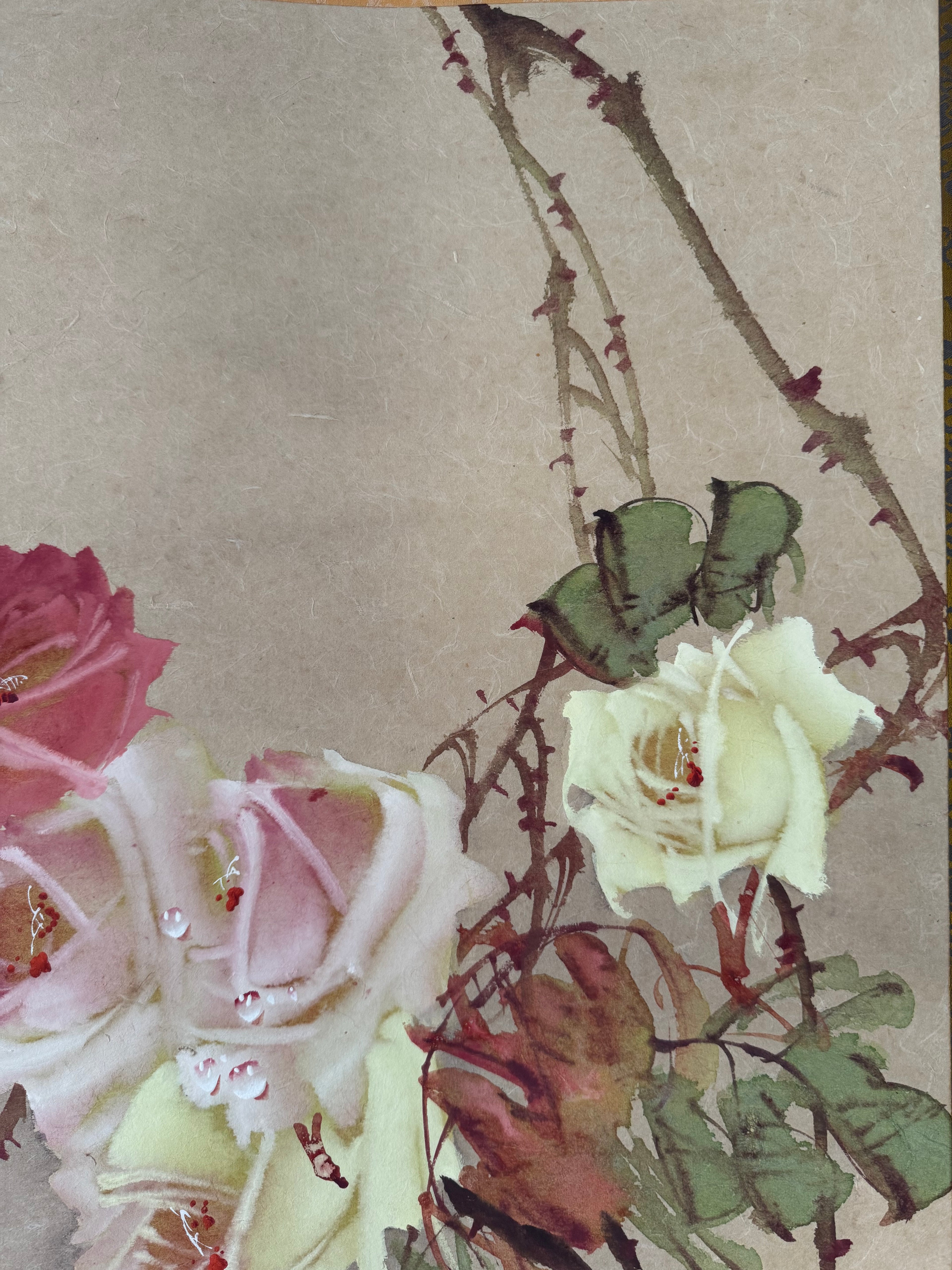 Vintage Japanese Watercolor Hanging Scroll | Hand-Painted Roses in Bloom | Elegant Kakejiku Wall Art