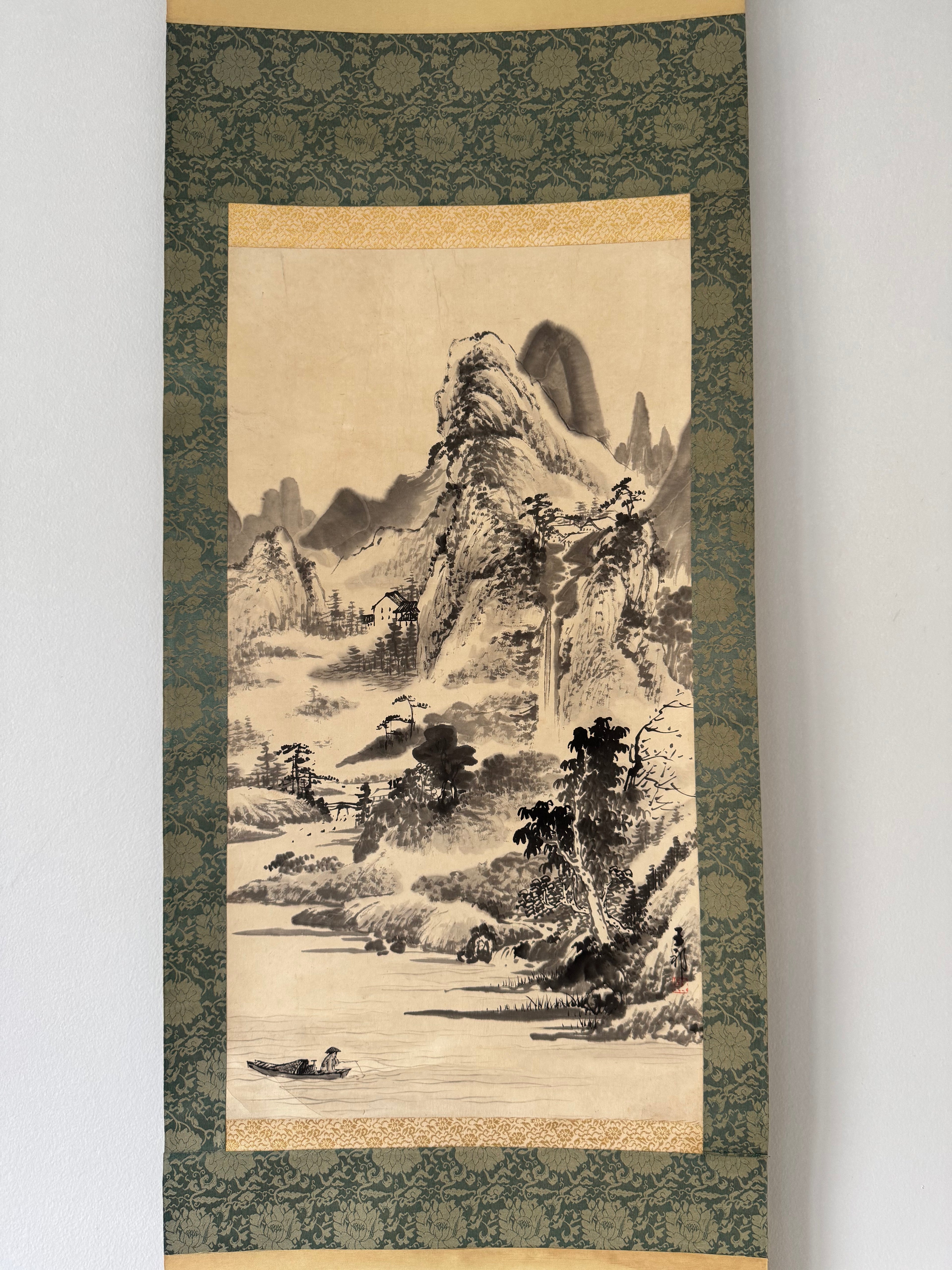 Japanese Sumi-e Landscape Hanging Scroll “Mountain Serenity” | Zen & Wabi-sabi Aesthetic