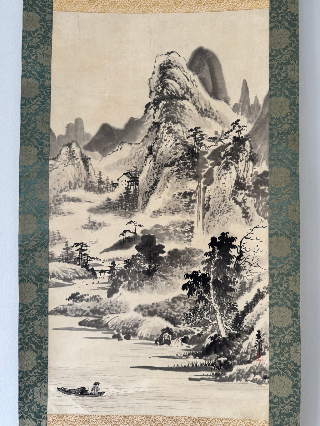 Japanese Sumi-e Landscape Hanging Scroll “Mountain Serenity” | Zen & Wabi-sabi Aesthetic