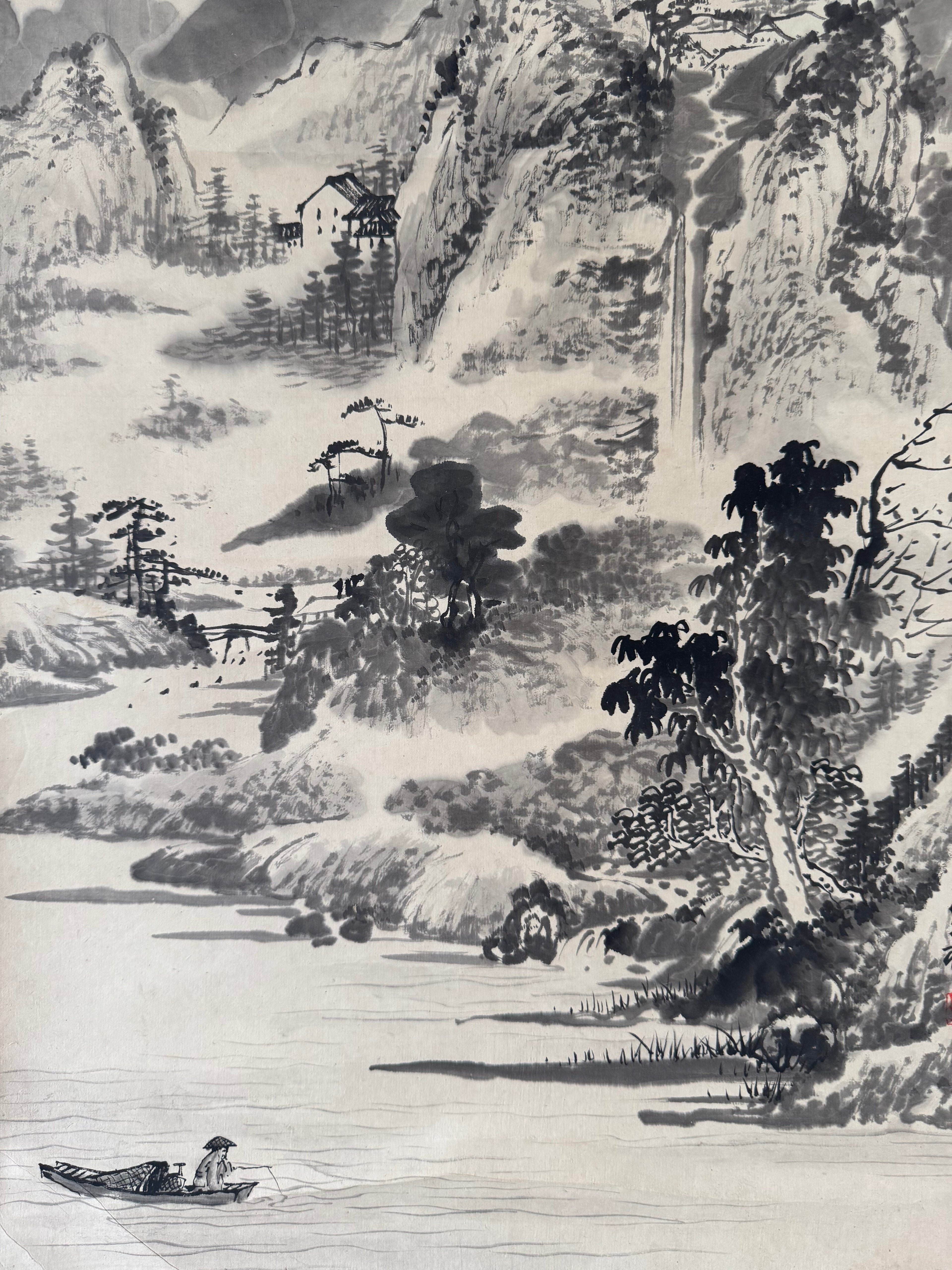 Japanese Sumi-e Landscape Hanging Scroll “Mountain Serenity” | Zen & Wabi-sabi Aesthetic