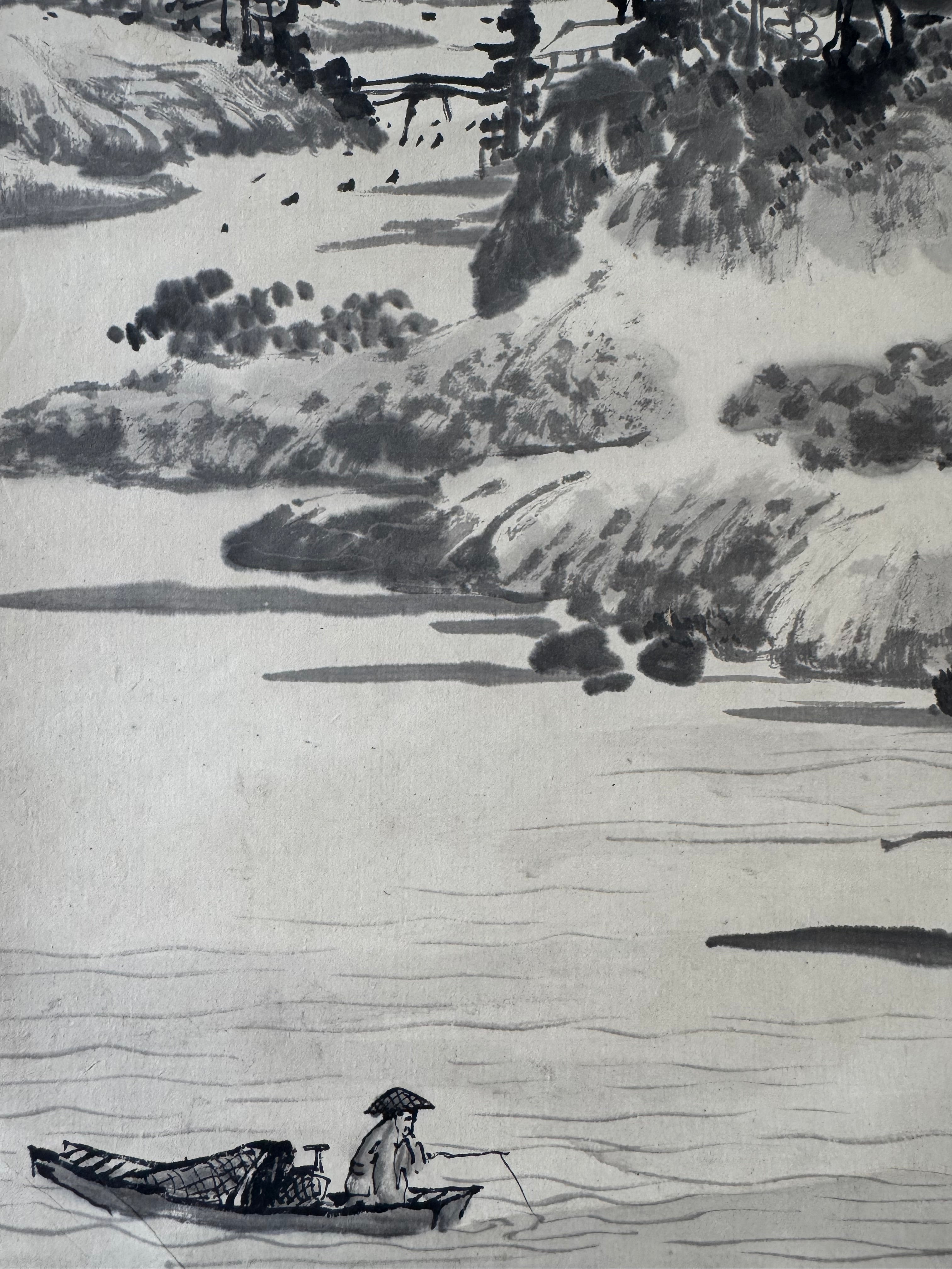 Japanese Sumi-e Landscape Hanging Scroll “Mountain Serenity” | Zen & Wabi-sabi Aesthetic