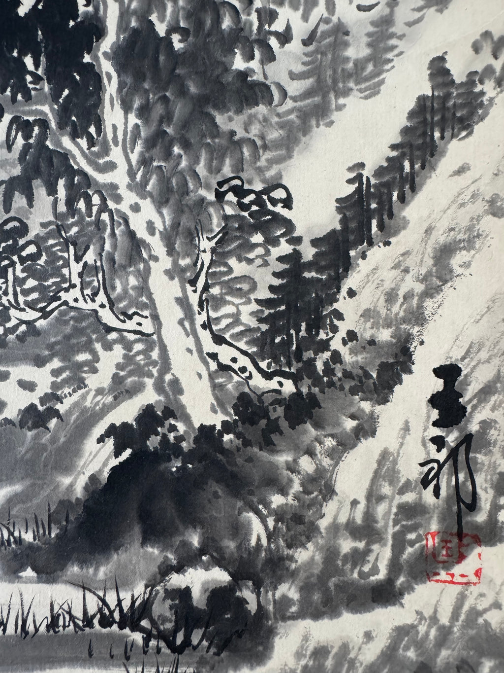 Japanese Sumi-e Landscape Hanging Scroll “Mountain Serenity” | Zen & Wabi-sabi Aesthetic