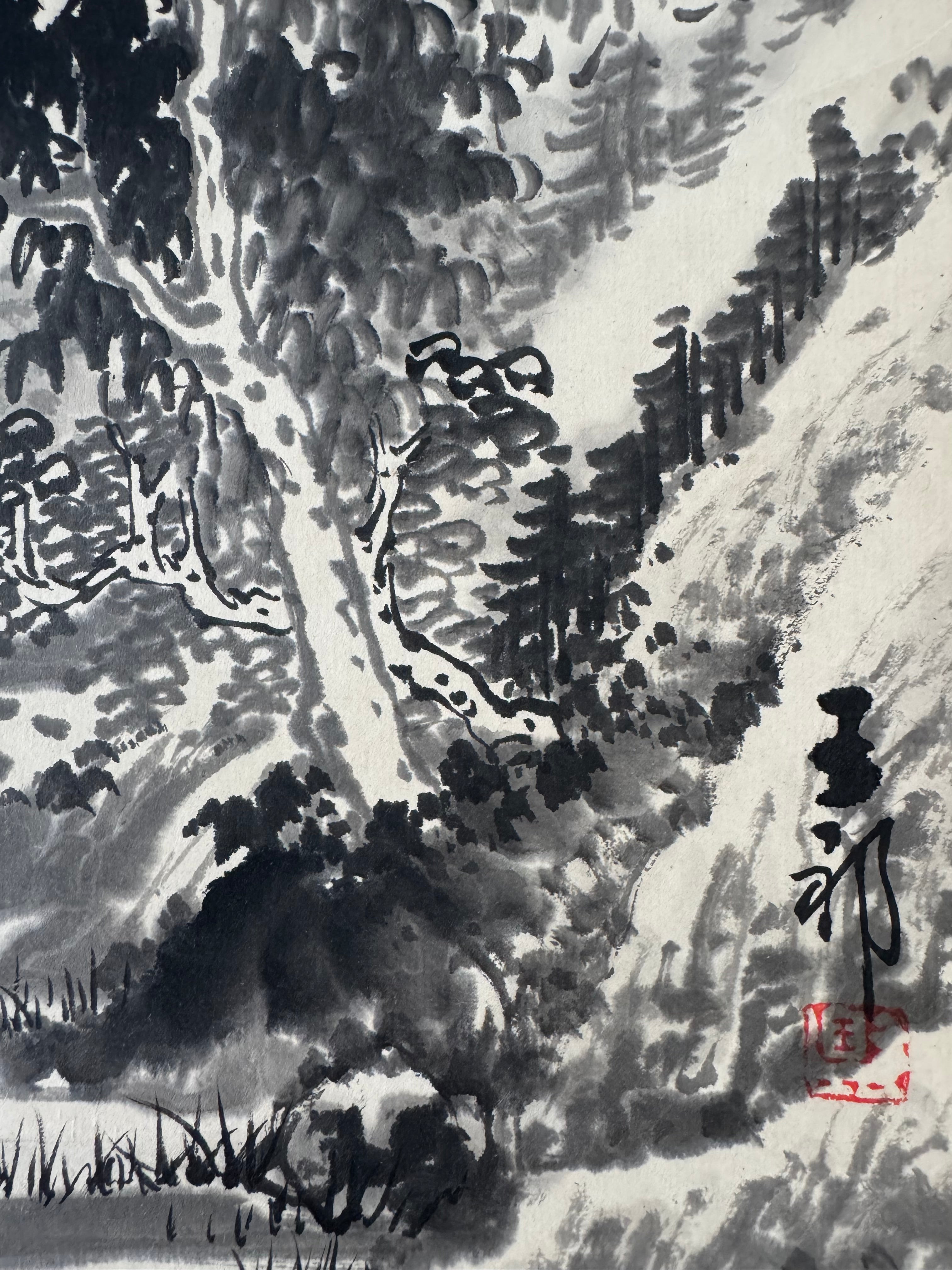 Japanese Sumi-e Landscape Hanging Scroll “Mountain Serenity” | Zen & Wabi-sabi Aesthetic