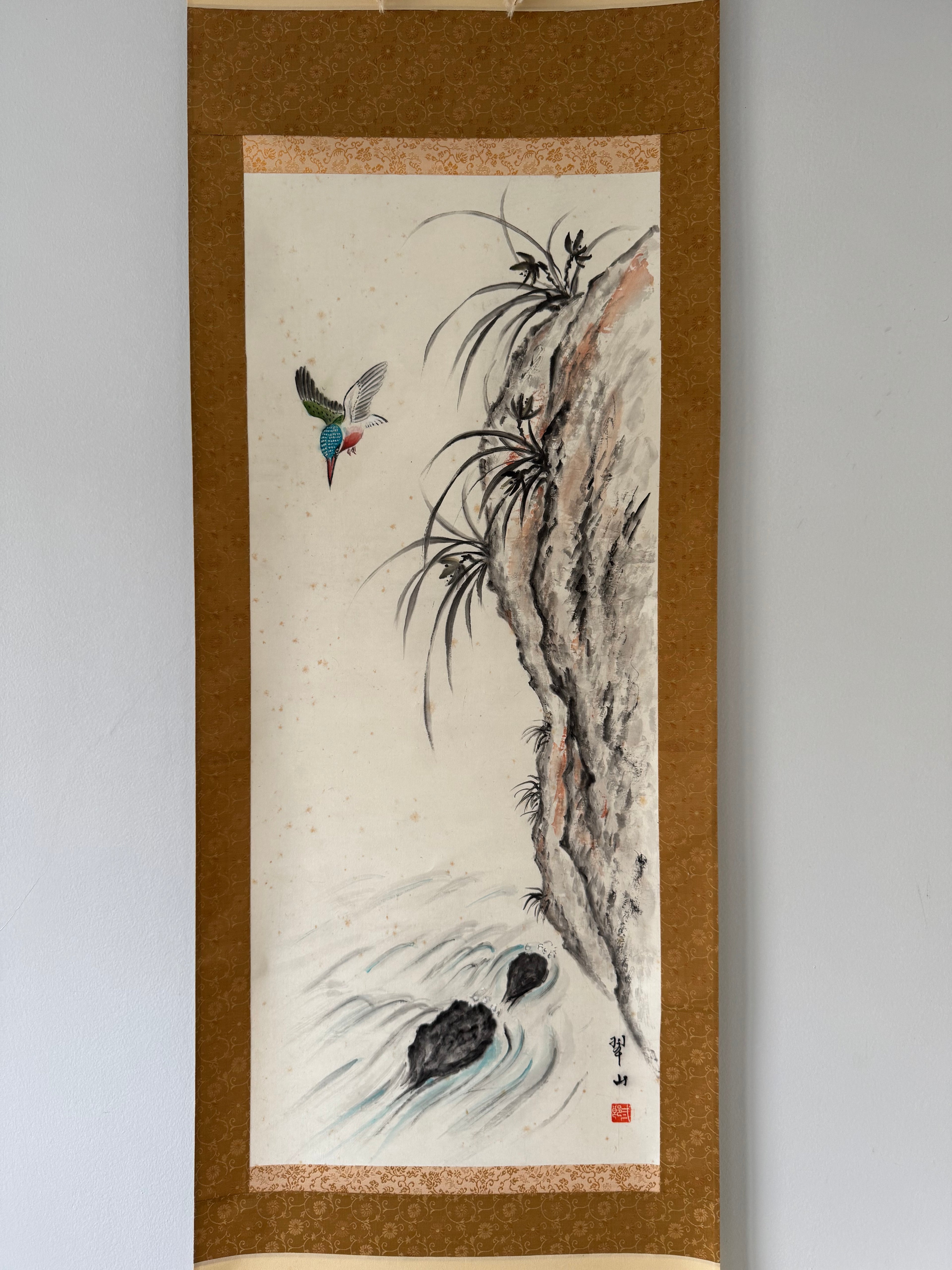 Vintage Japanese Hanging Scroll | Hand-Painted Bird & River Landscape | Serenity in Nature | Kakejiku