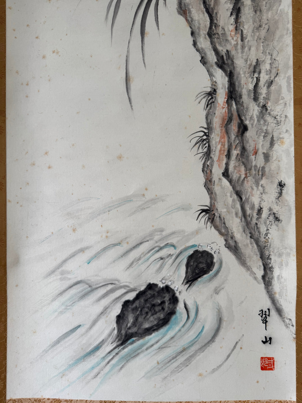 Vintage Japanese Hanging Scroll | Hand-Painted Bird & River Landscape | Serenity in Nature | Kakejiku