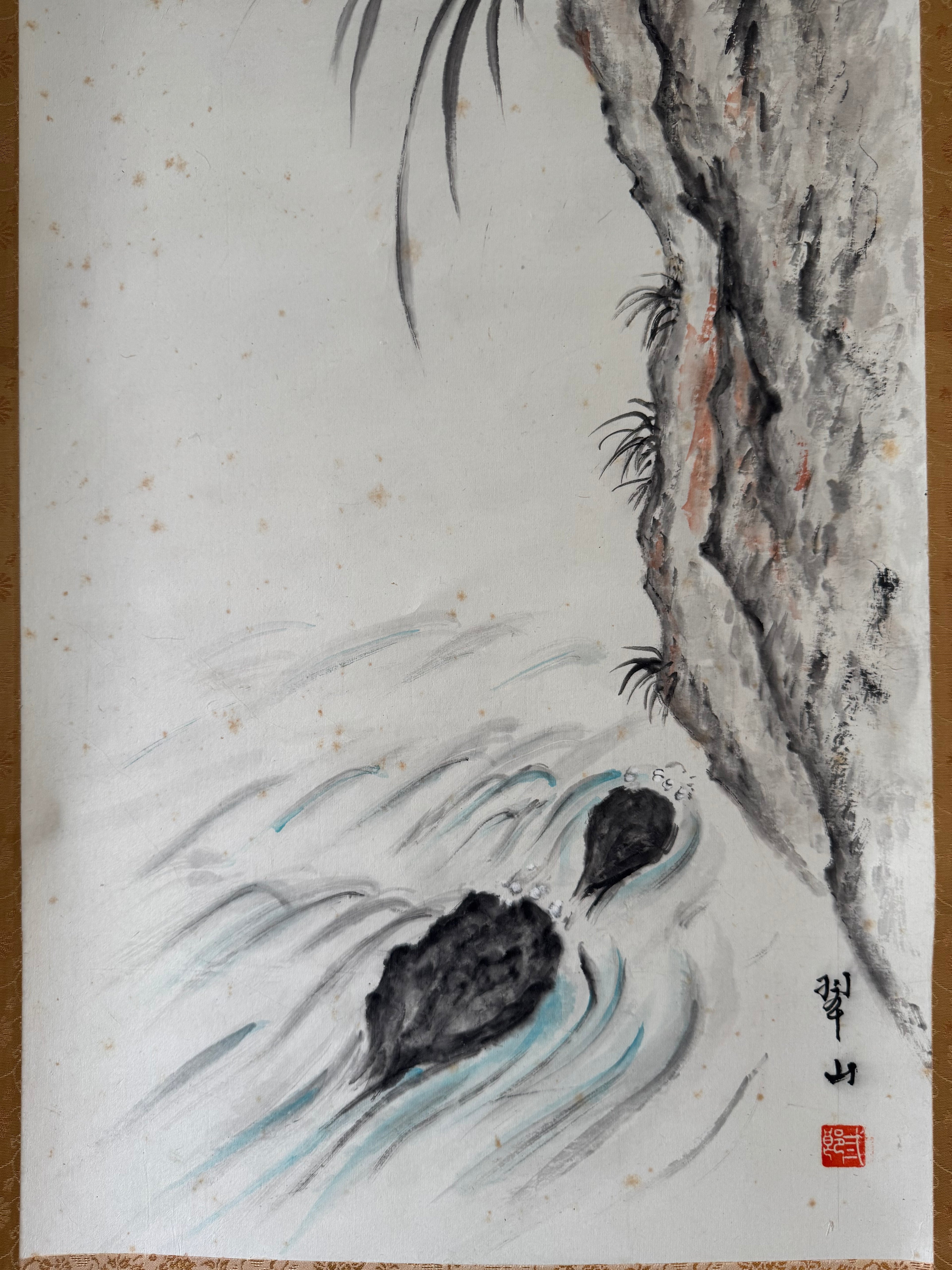 Vintage Japanese Hanging Scroll | Hand-Painted Bird & River Landscape | Serenity in Nature | Kakejiku